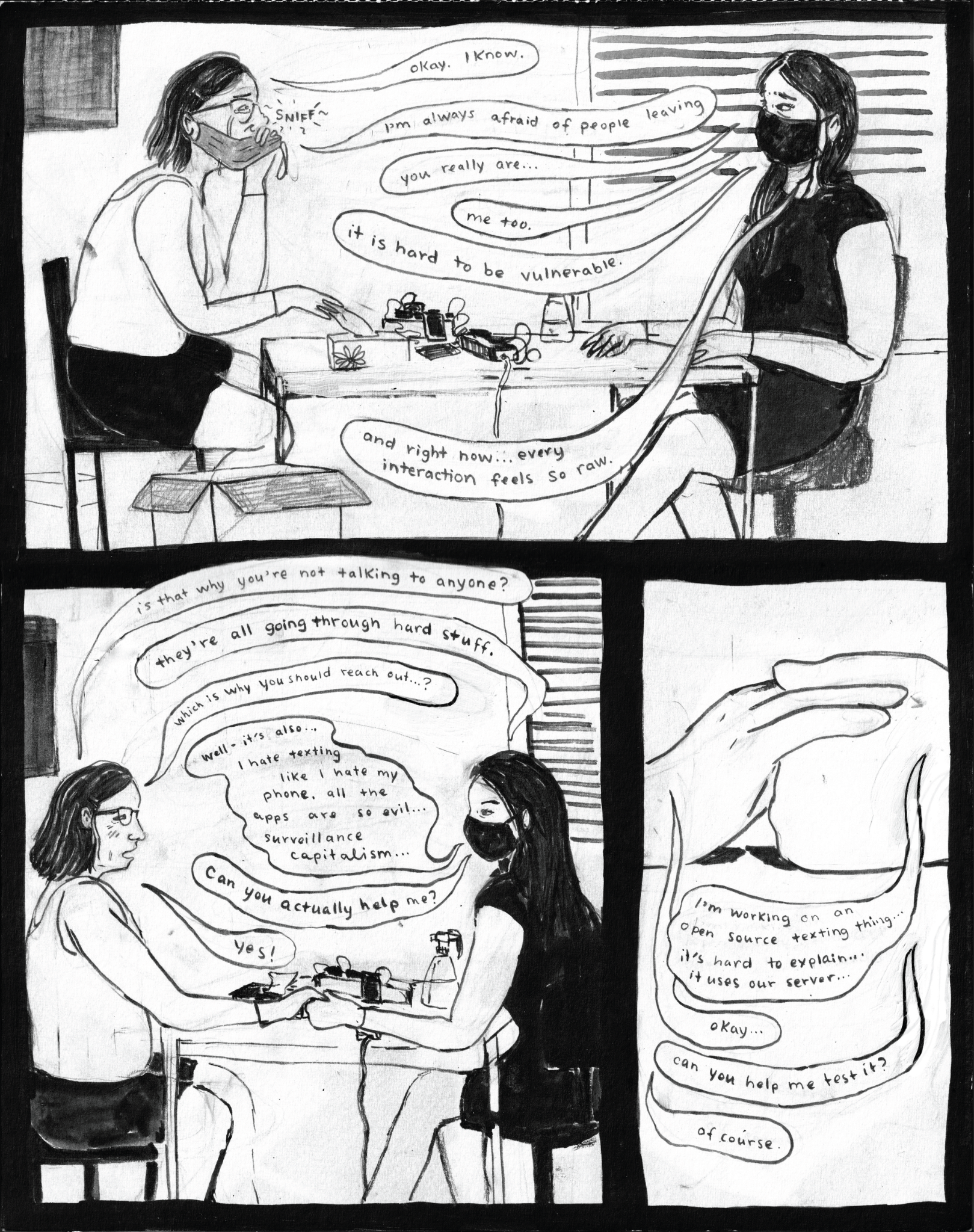  page five vd: The top half of this page is one cell with Luca and Nina sitting at the table together. Luca is crying and removes their mask to wipe their sniffling nose. Nina looks concerned. The bottom half of the page has two cells. The left hand 