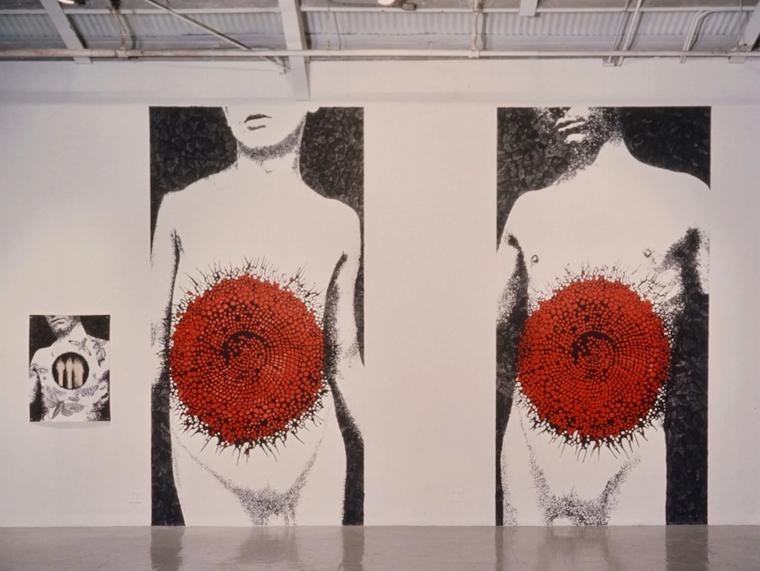 Burn installation at ACME Gallery, Santa Monica, CA 1996Burn #2, and Large Burn #1 and 2, cel vinyl ink on wall, 14 x 5 feet, each