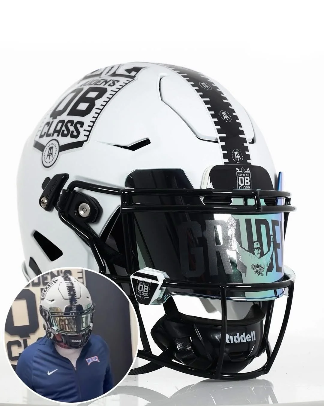 Coach Gruden wearing my white helmet design. Grew up watching him with the Buccaneers (I&rsquo;m from Tampa), never thought I&rsquo;d design a helmet for him one day! Today was a good day!

@barstoolgruden