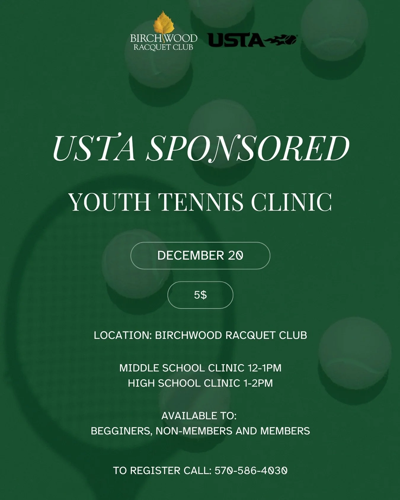 🎾 USTA-Sponsored Youth Tennis Clinic
Join us at Birchwood Racquet Club for a clinic open to beginners, non-members, and members!

📅 December 20
💲 $5 per player
🏫 Middle School Clinic: 12&ndash;1 PM
🎓 High School Clinic: 1&ndash;2 PM

Don&rsquo;t