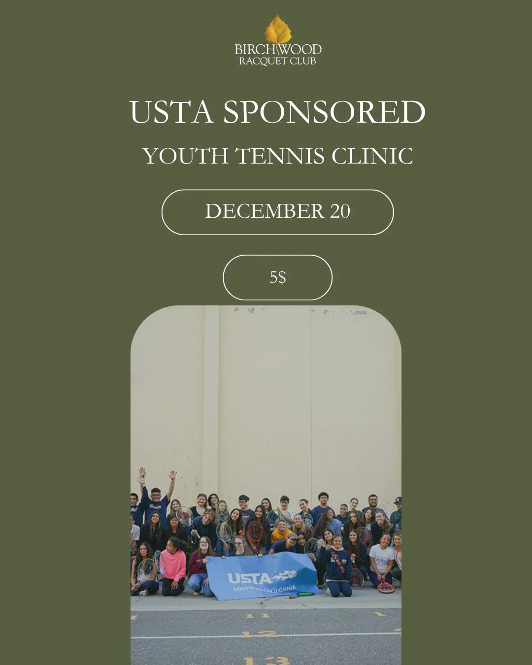 🎾 USTA-Sponsored Youth Tennis Clinic
Join us at Birchwood Racquet Club for a clinic open to beginners, non-members, and members!

📅 December 20
💲 $5 per player
🏫 Middle School Clinic: 12&ndash;1 PM
🎓 High School Clinic: 1&ndash;2 PM

Don&rsquo;t