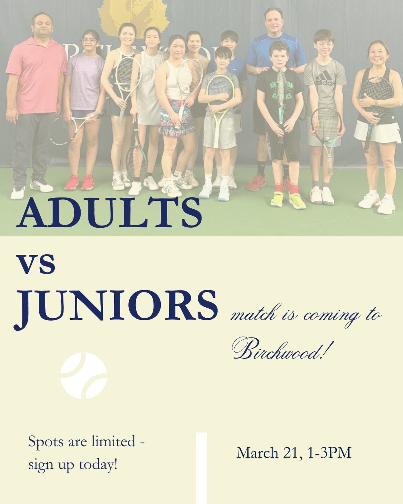 One of our favorite Birchwood events is back! 🎾

The Adults vs Juniors Match is always a fun and competitive afternoon where experience meets the next generation of players. Expect great rallies, competitive points, and lots of energy on the courts.