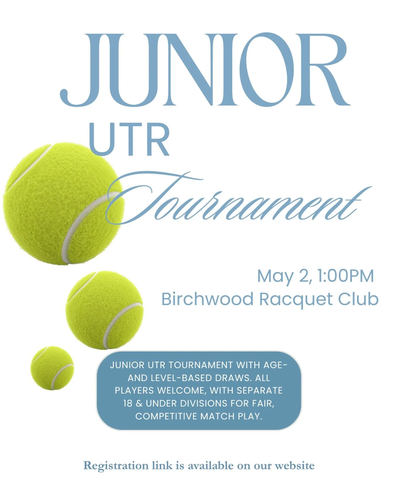 We&rsquo;ve added more events this May &mdash; and this is one you don&rsquo;t want to miss 🎾
Junior UTR Tournament at Birchwood &mdash; competitive match play with age and level-based draws for all players.
Limited spots &mdash; register through ou