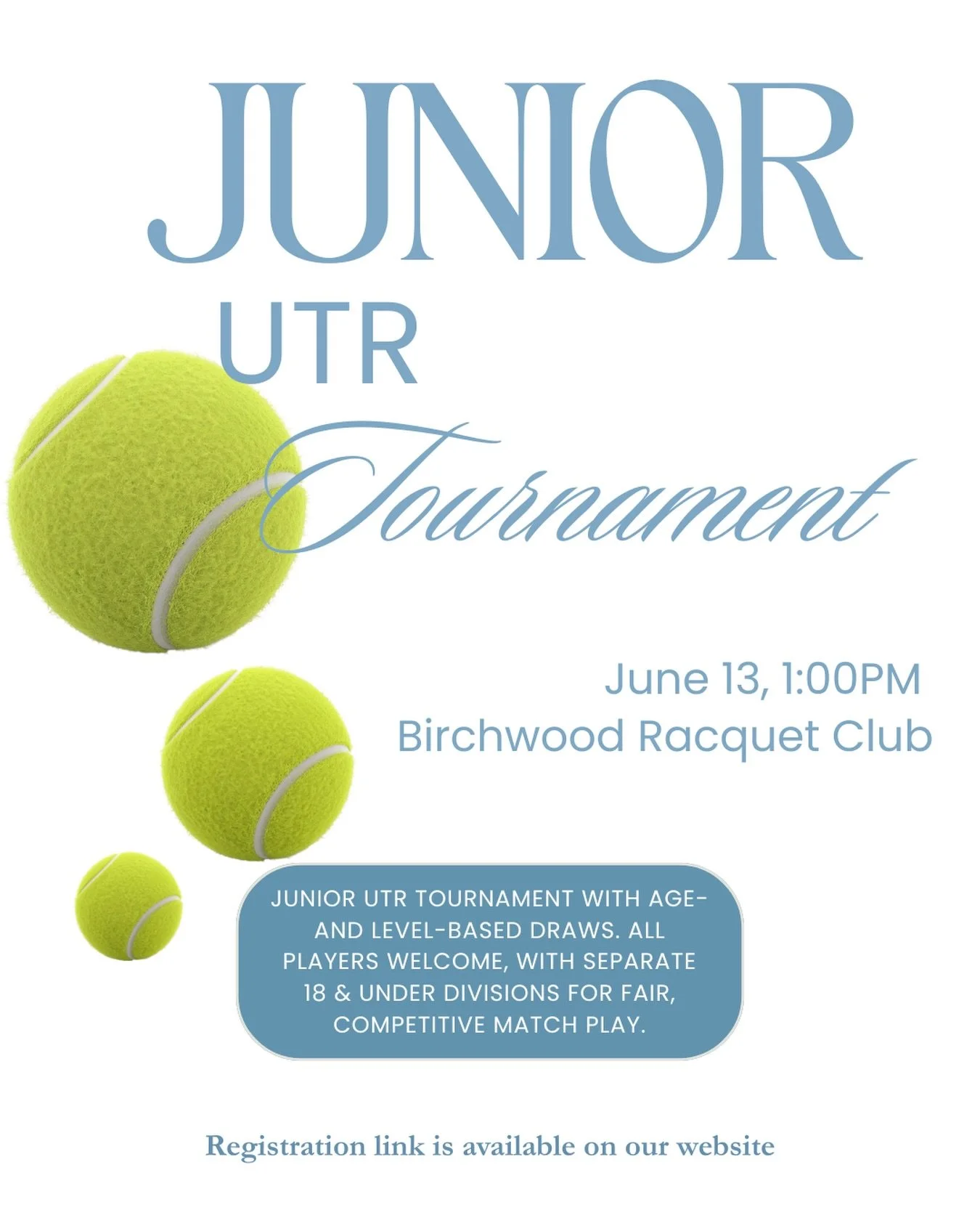 Junior UTR Tournament is coming to Birchwood Racquet Club on June 13 at 1:00 PM! Registration link is available on our website.