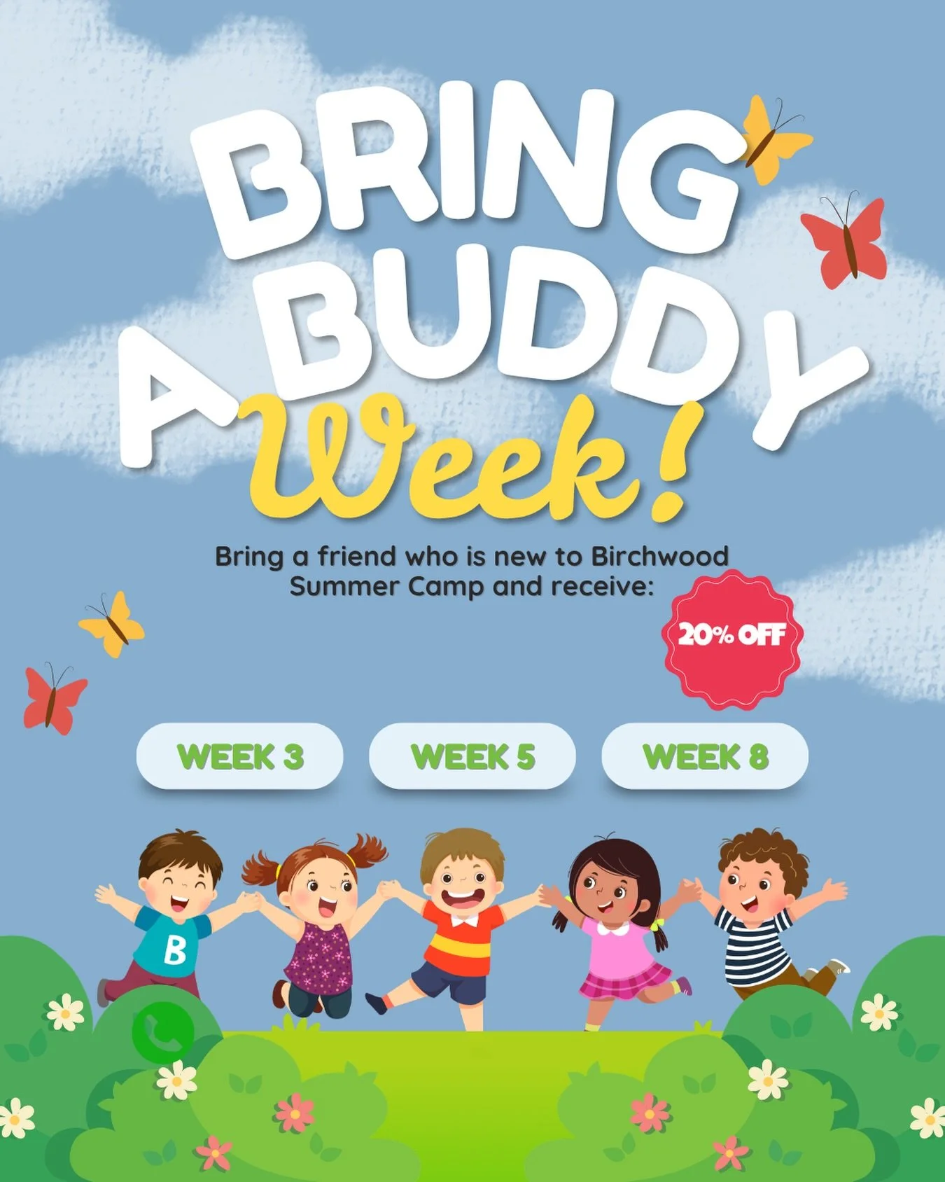 BRING A BUDDY WEEK IS BACK! 🎾

Everything is more fun with a friend!

During Weeks 3, 5 &amp; 8 of Birchwood Summer Camp, bring a friend who is new to Birchwood Camp and you BOTH receive 20% OFF camp registration.

✅ Make new memories
✅ Improve your