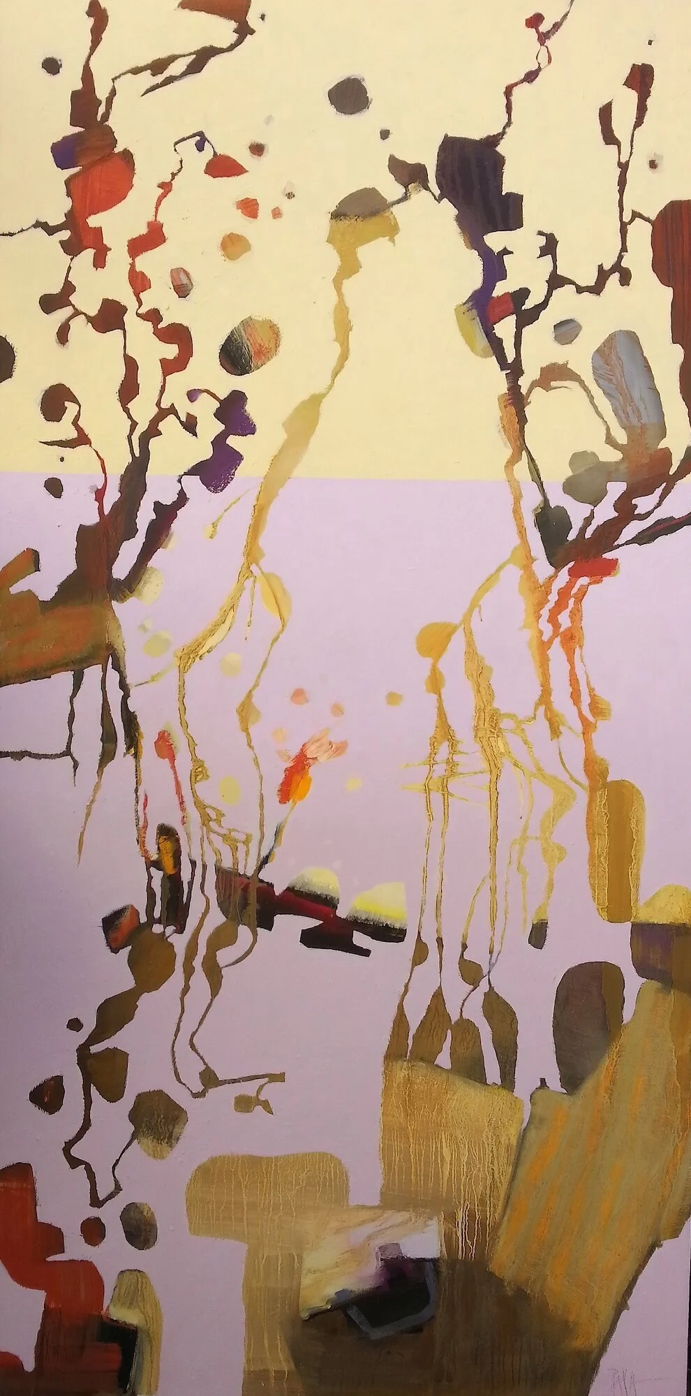 # A The first Biotic painting 36x18
This is a magical painting for me! I do bad paintings on occasion, and this was one! But no longer. Its canvas is an expensive panel, I was going bankrupt, no way was I tossing it in the dumpster!!  Part of my prac