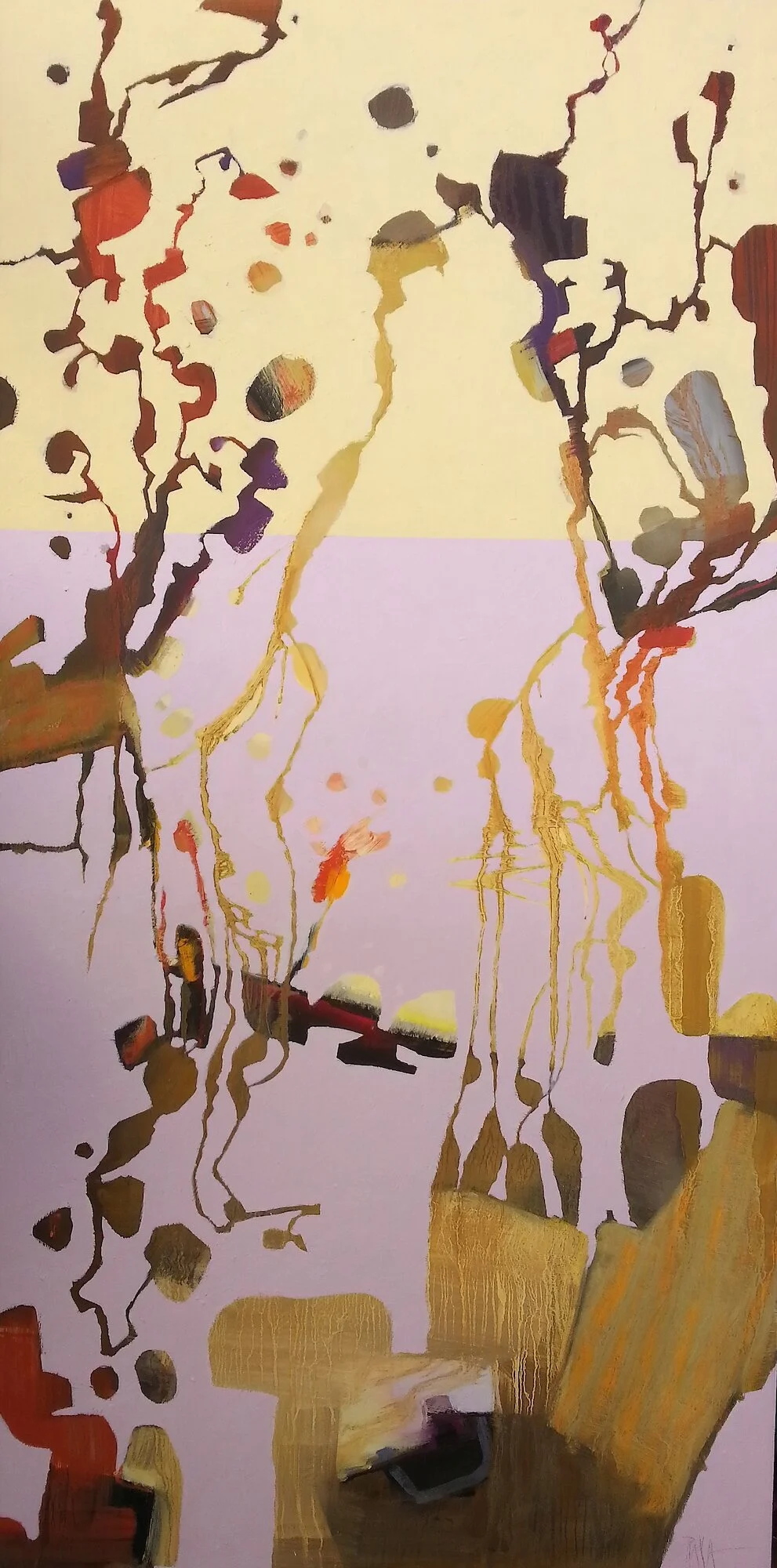 #27 DescriptionThis is the very first discovery painting I created from a sad and dusty, failed 'View From Above' painting. I was playing around to see what I might save and use to transform it into something more interesting. It was painted on an ex