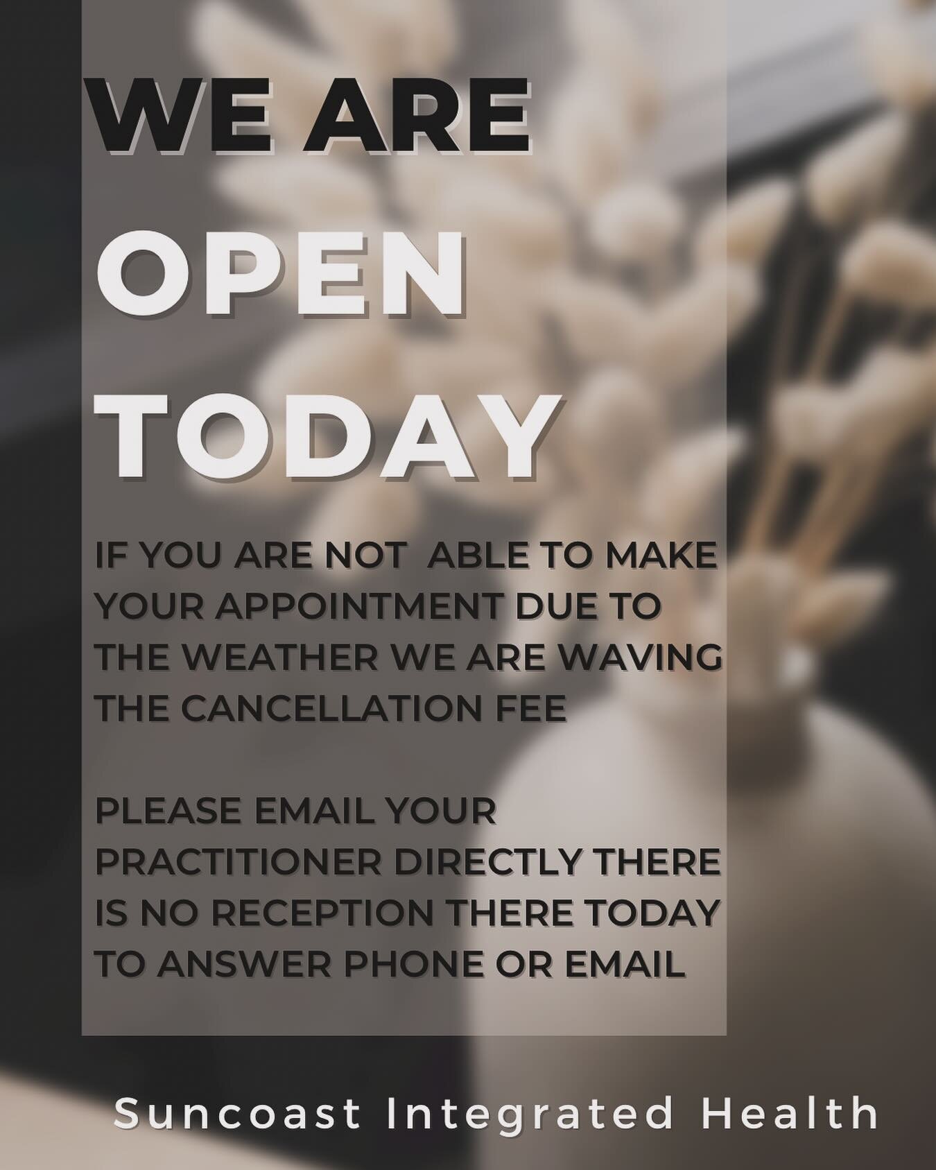 The safety of our patients is our top priority! We are open, but waving the cancellation fee to those who can&rsquo;t  make their appointment today due to the weather. Please note we have no reception today so PLEASE email your practitioner directly.