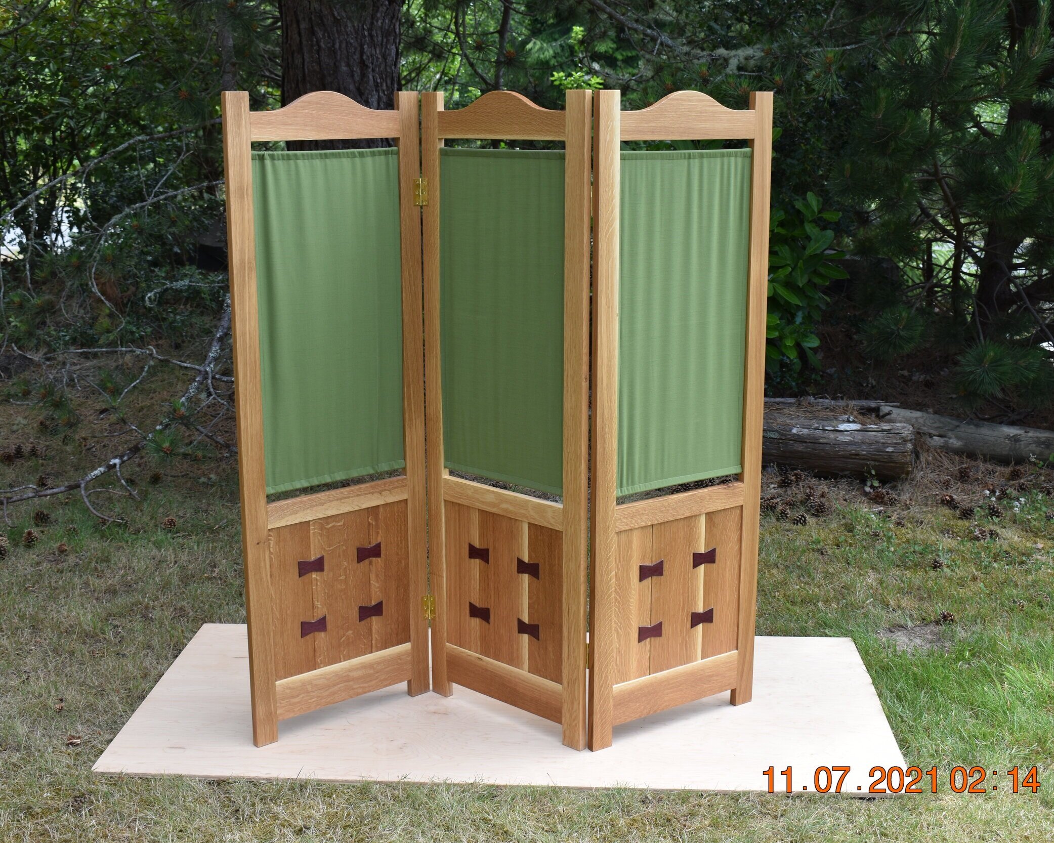 Stickley Folding Screen: qt. sawn White Oak w/ Purple Heart inlay- credit and thanks to Bev Grafius for the fabric panels.