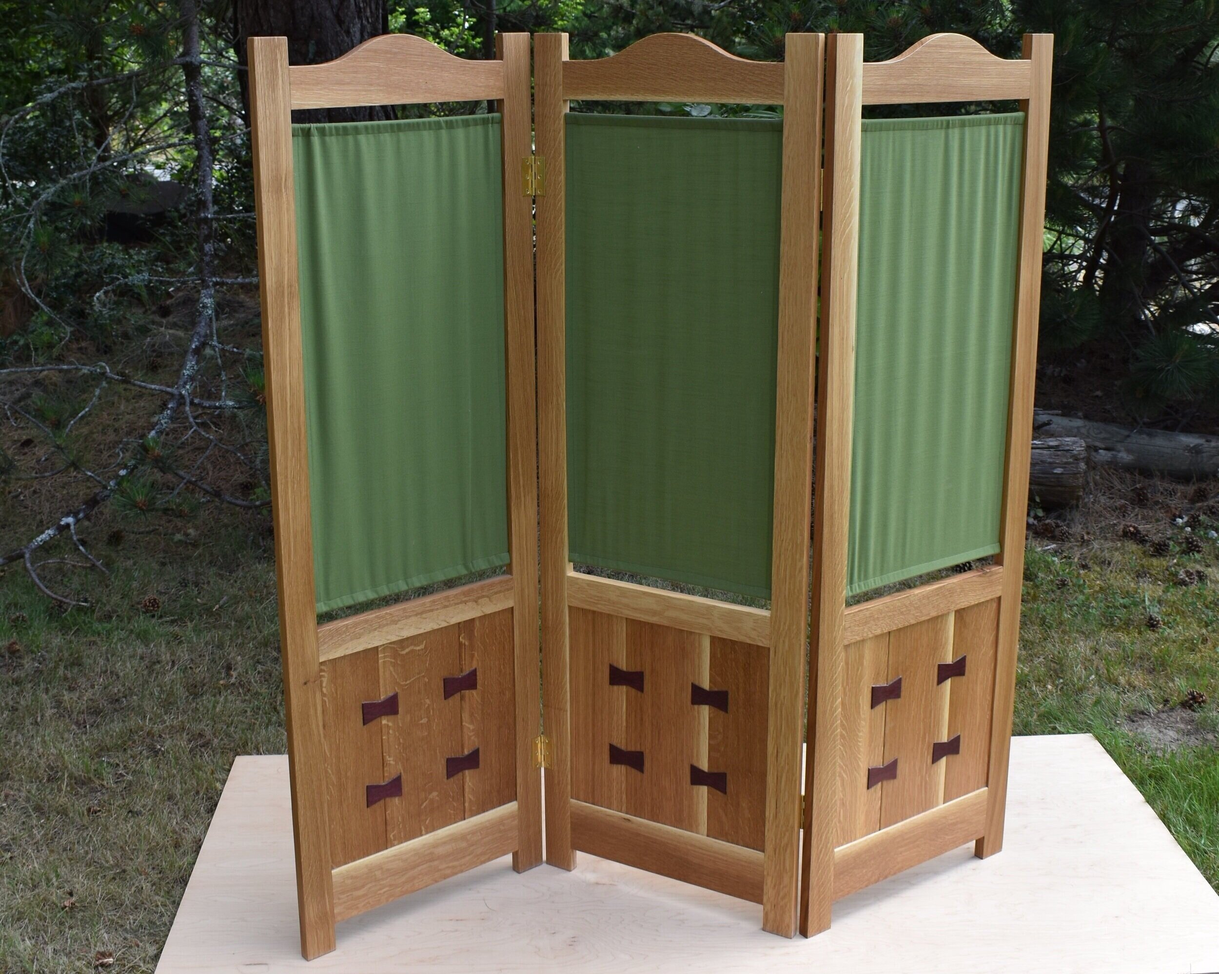 Stickley Folding Screen: qt. sawn White Oak w/ Purple Heart inlay- credit and thanks to Bev Grafius for the fabric panels.