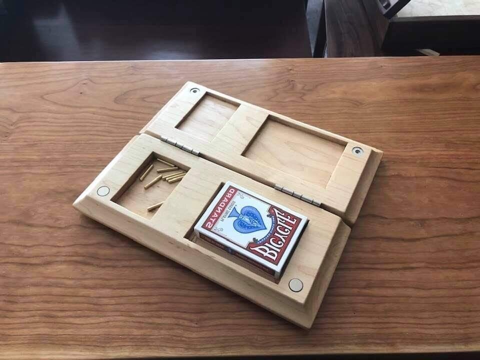 Maple Cribbage Board with Brass Pegs and Card Storage.