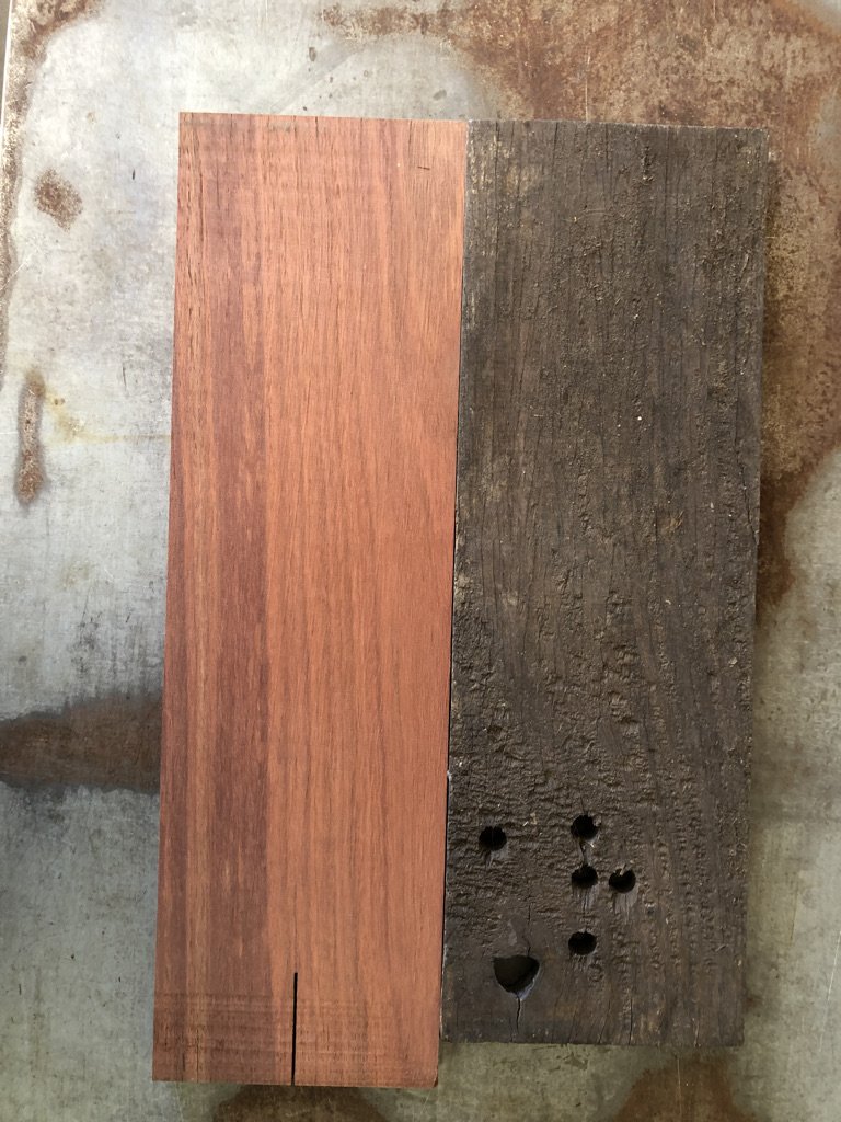 Before and after surfacing red Australian hardwood