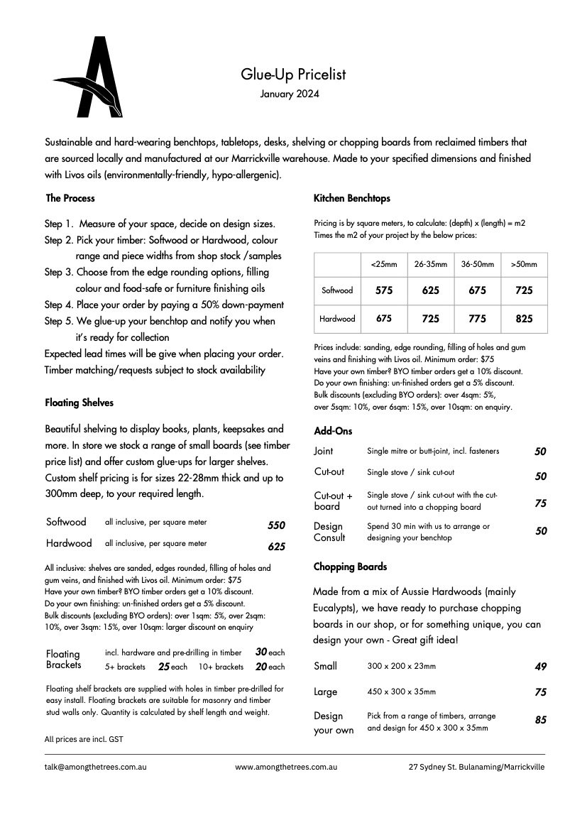 Glue-Up Price List - January 2024