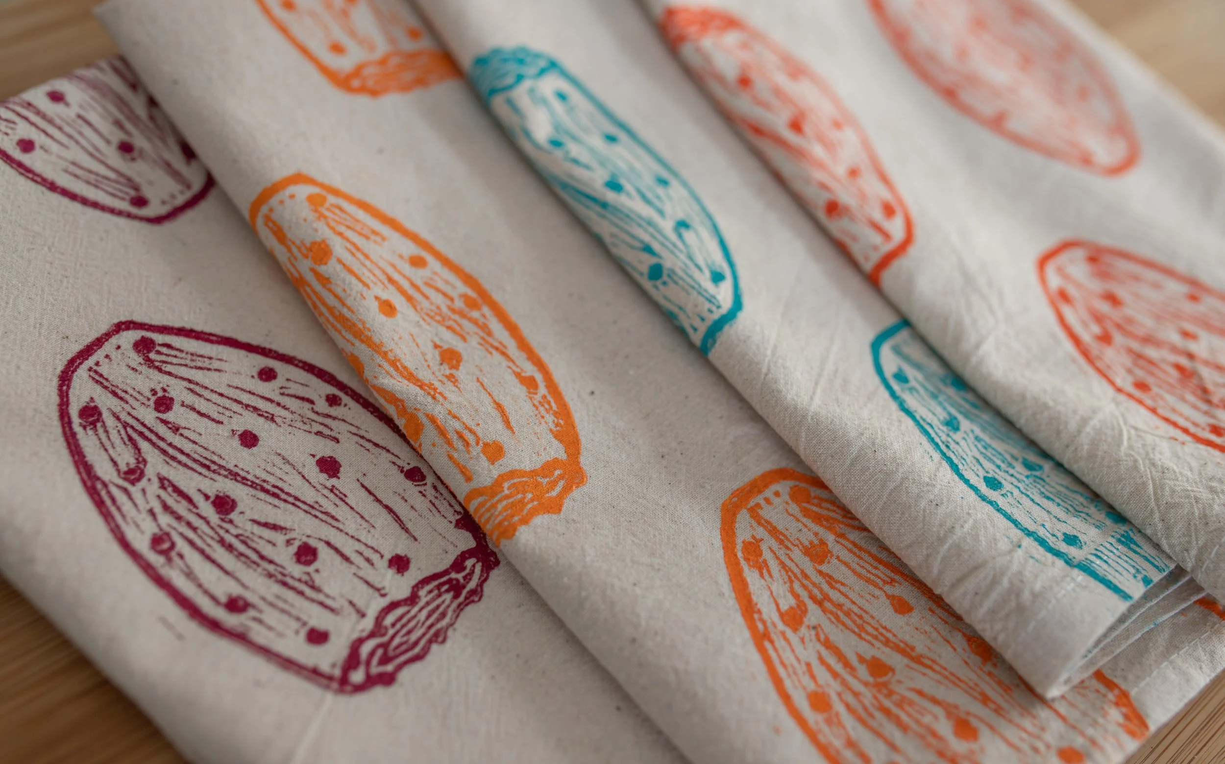 "Tunas" (2022) blockprinted cotton tea towels