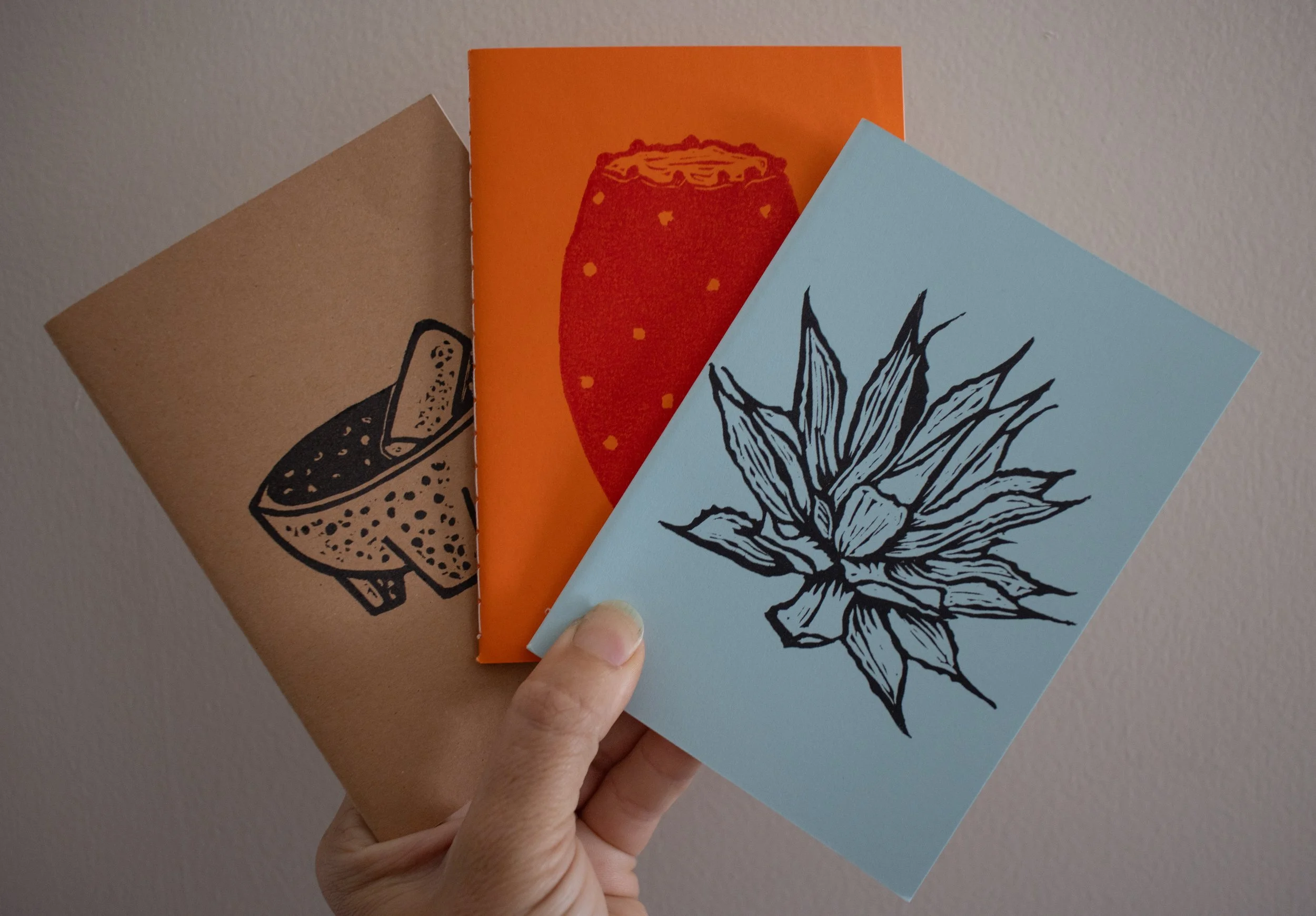 Molcajete, tuna, and maguey blockprinted field notebooks