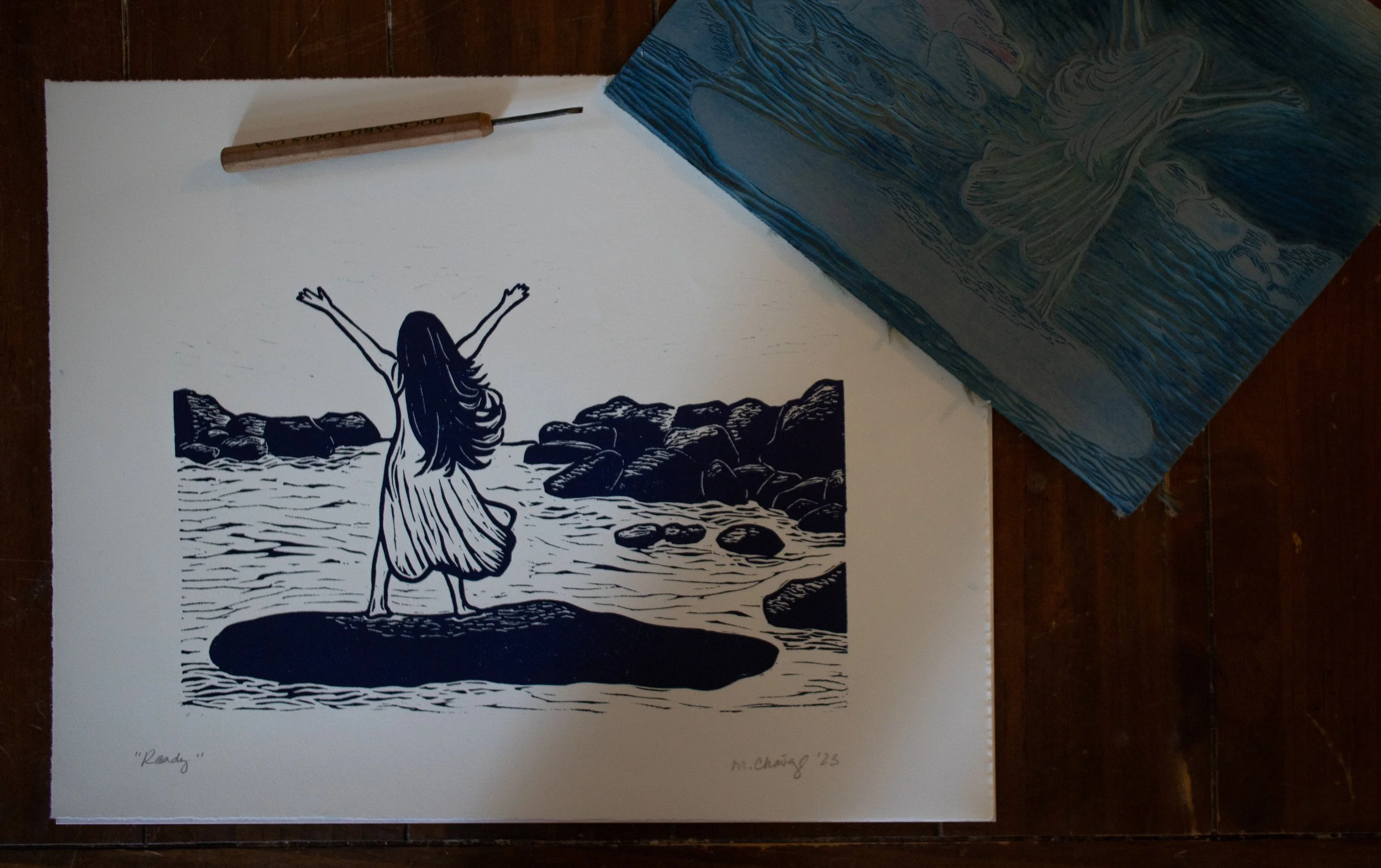 "Ready" (2023) linocut print.