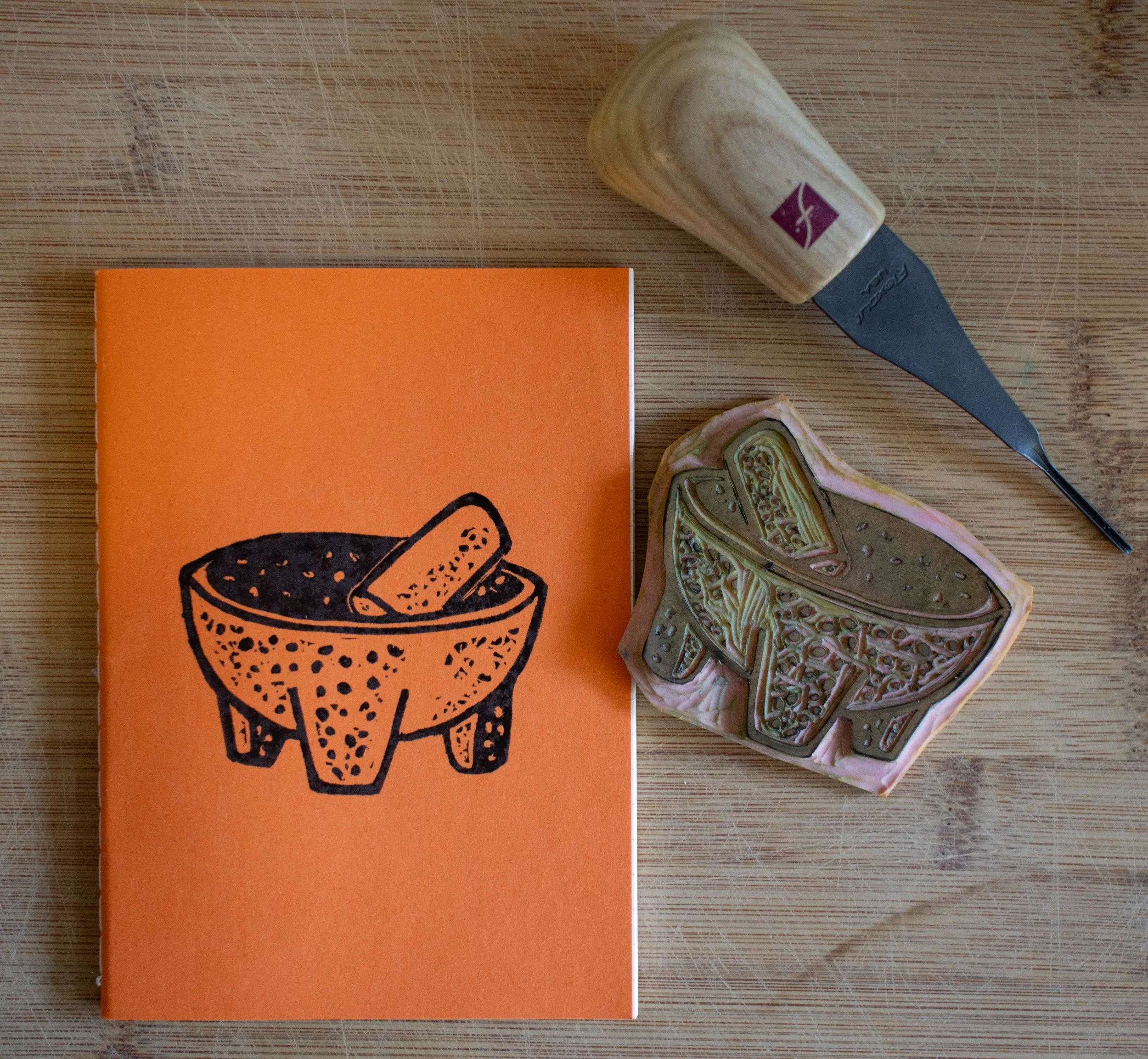 "Molcajete" blockprinted pocket field notebook.