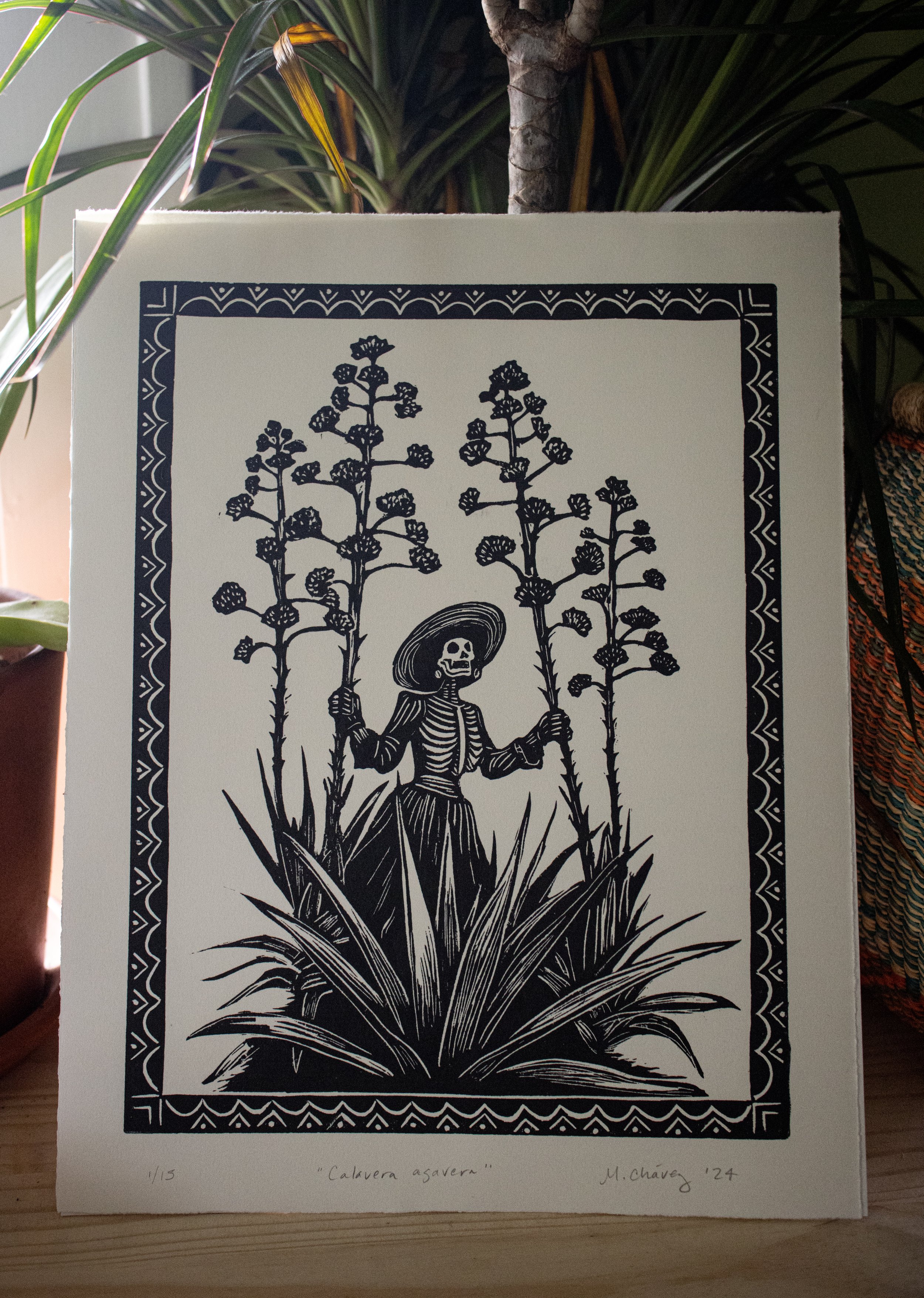 "Calavera agavera" (2024) linocut print.