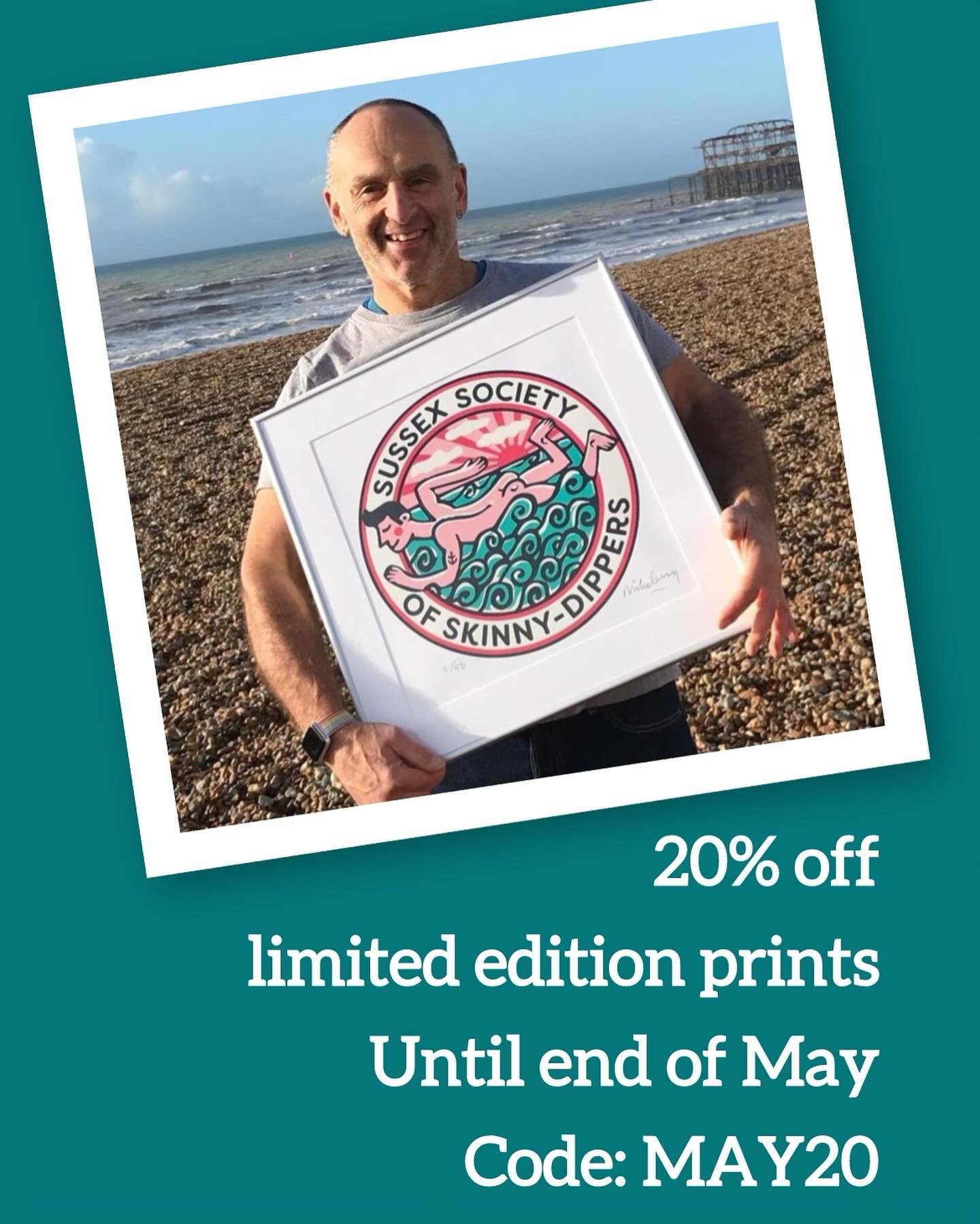 Headsup, there&rsquo;s 20% discount on my limited edition prints on the webshop through until end of May. Just a couple of this Sussex Society of Skinnydippers left in the drawer.
.
#handmade #print #limitededition #skinnydip
