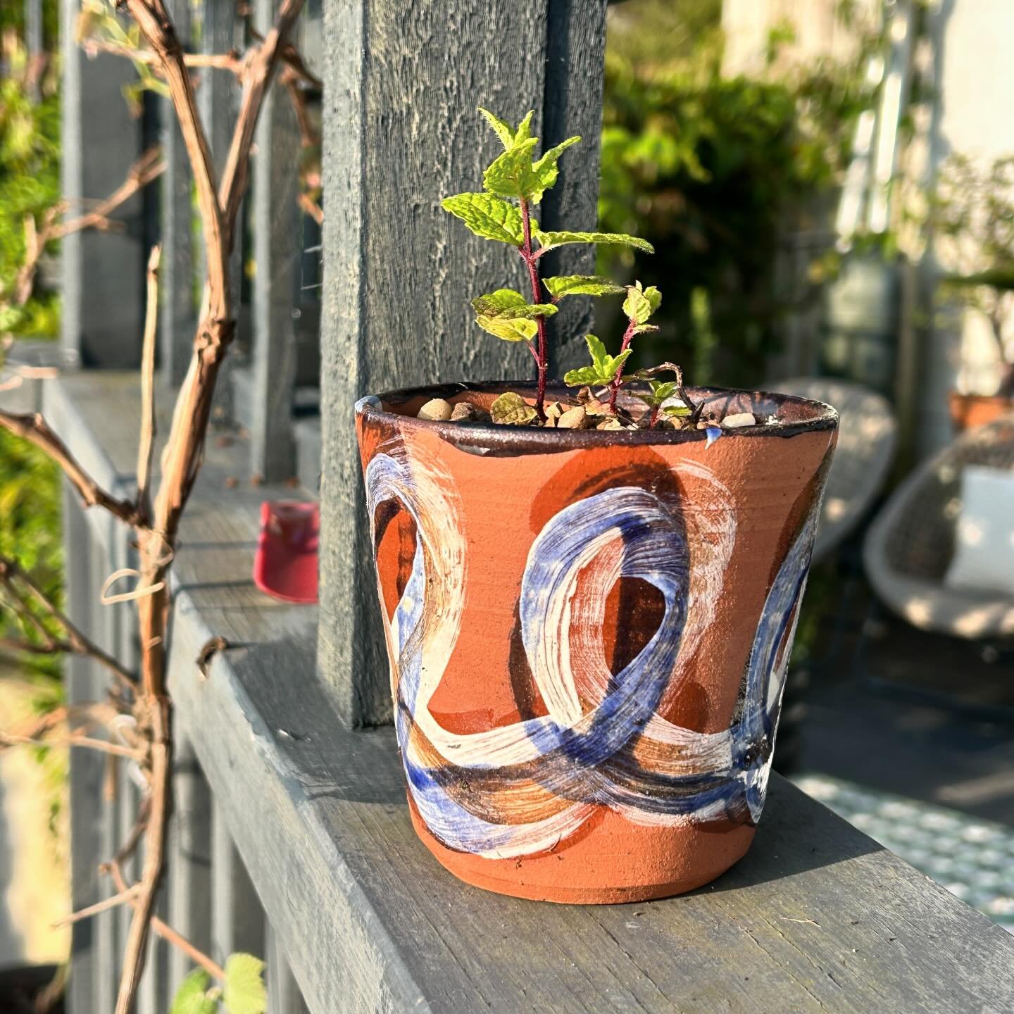 Terracotta plantpot with slip and glaze decoration. 
First finished pots coming through from an idea I&rsquo;ve been playing with for a while. Any thoughts?
#plantpot #terracotta #gardening #mint