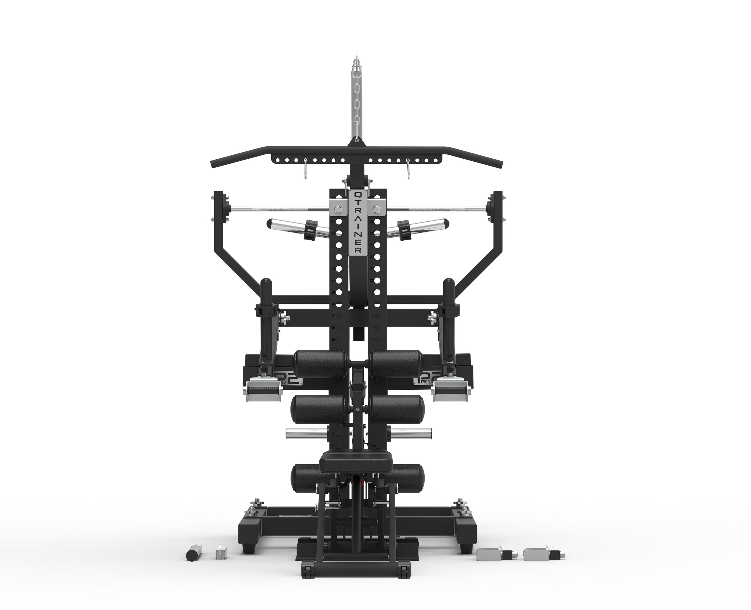 Weight training machine with adjustable components for gym workouts, featuring bars and padding for exercises.