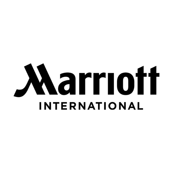 Marriott International logo in black and white with stylized 'M' and the words 'Marriott International'.