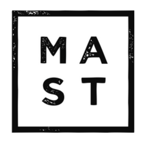 Stylized logo with the word 'MAST' arranged in a square, with a distressed font and black border.