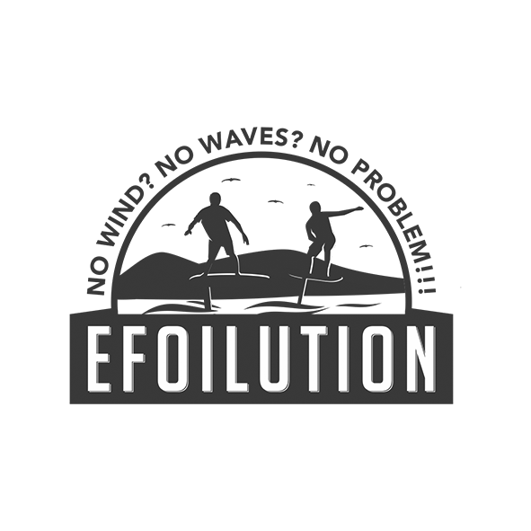 Silhouette of two people e-foiling on water with a landscape and birds in the background, surrounded by text that reads 'No wind? No waves? No problem!!!' and the brand name 'Efoilution' below.