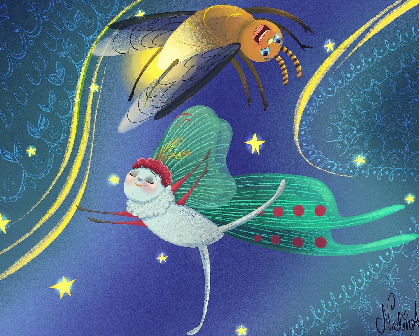 &ldquo;Then they try out their best acrobatics. Woo-hop!&rdquo; Shouted Lampy as he looped the loop.&rdquo; &ldquo;I bet you can touch the moon!&rdquo; Shouted Luna. 
🦋 
I couldn&rsquo;t resist another Lampy the firefly and Luna the moth drawing, it