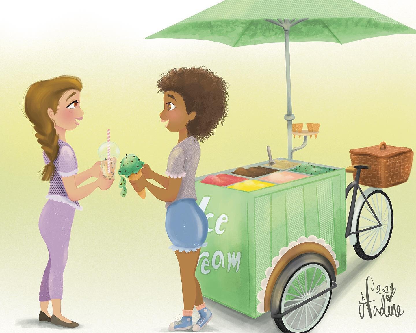 Bubble tea and mint choc ice cream trade.
A illustration for #childhoodweek for prompt #trade