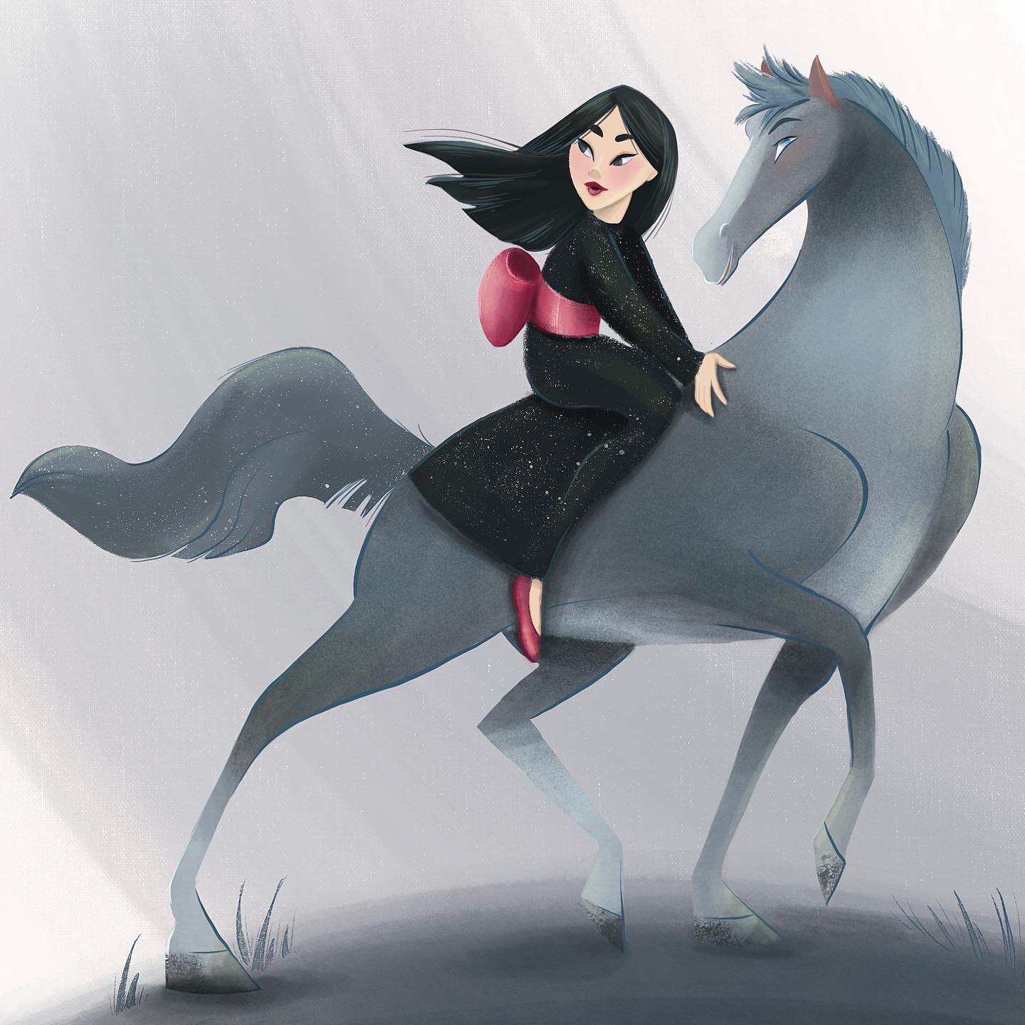 My version of Disney&rsquo;s Mulan and her honourable steed. 
Also wanted to try muted colours and grayscale tones it makes it a little more grown up I think, don&rsquo;t you?
🎀 
#happymidweek #nadineaydinart #disneysmulan #horse #horseriding #digit
