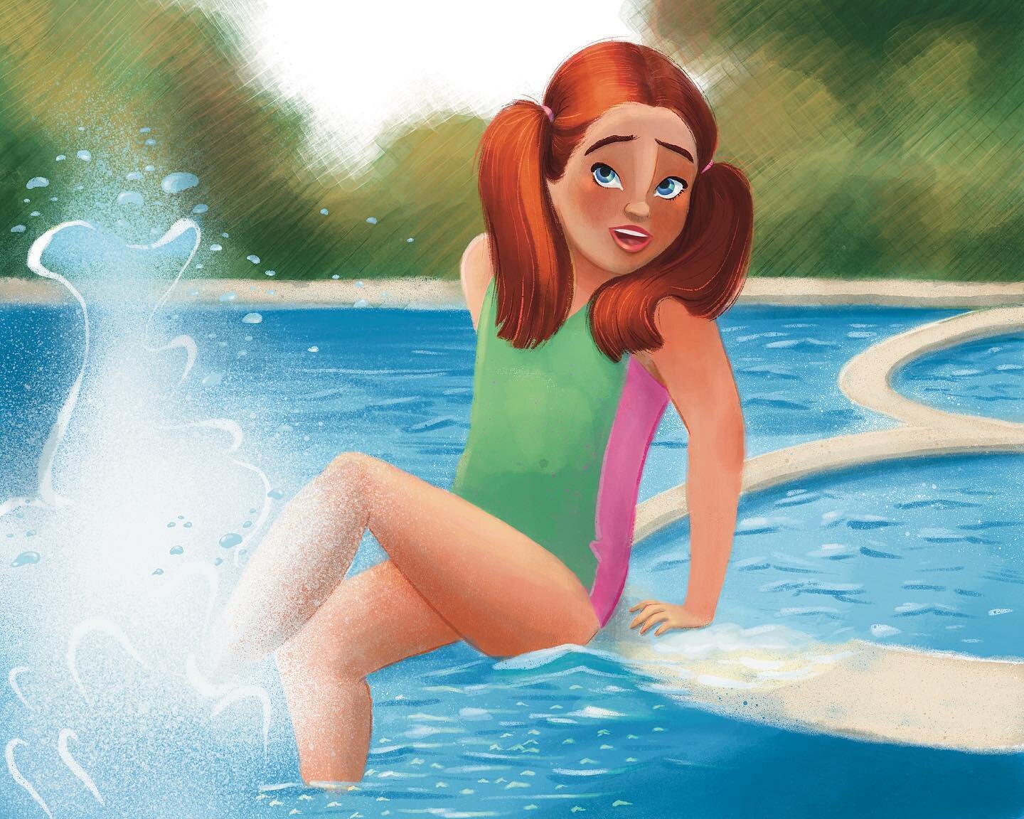 More poolside illustration - trying to draw more children and I actually find them harder to draw then adults. Is that normal? 😂 
#nadineaydinart #splahing #childrensbookillustration #kidlitart