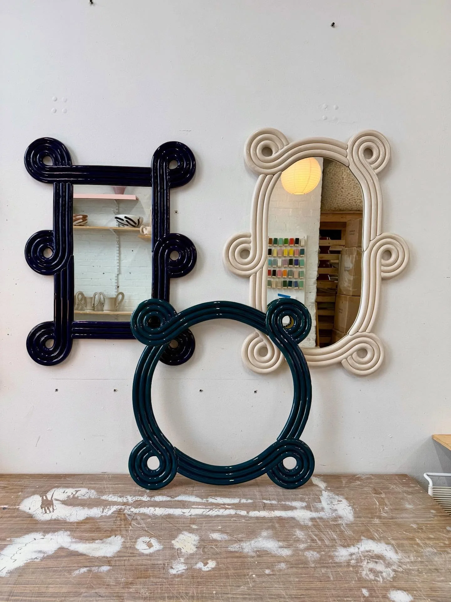 New 26&rdquo; Round Looping Mirror frame in Teal! It&rsquo;s the biggest round mirror I&rsquo;ve done, now just waiting for the actual mirror to get cut and polished.

I always marvel at the ceramic frame defying gravity and being structural in and o