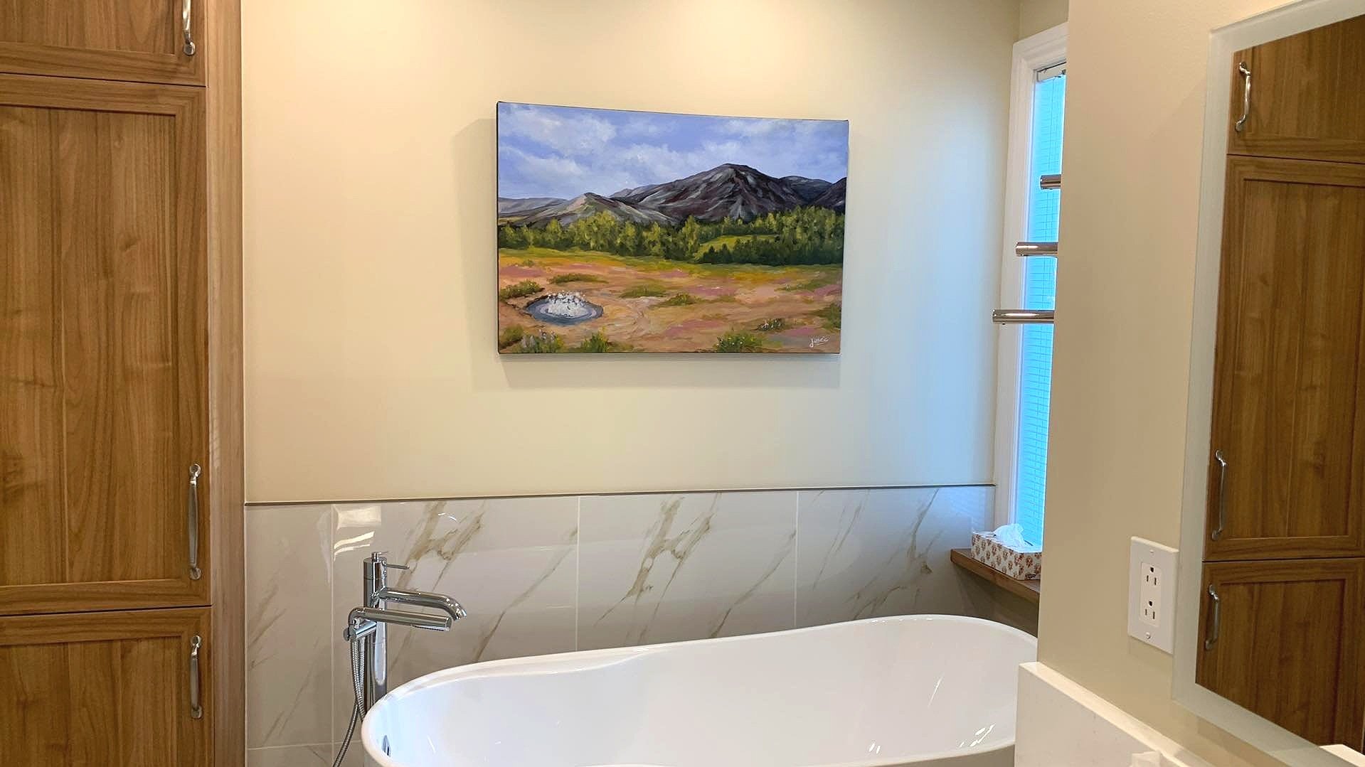 "Souvenir de Geysir", œuvre sur mesure de Josée Landry pour la Famille Larose, paysage islandais en techniques mixtes, commande personnalisée.