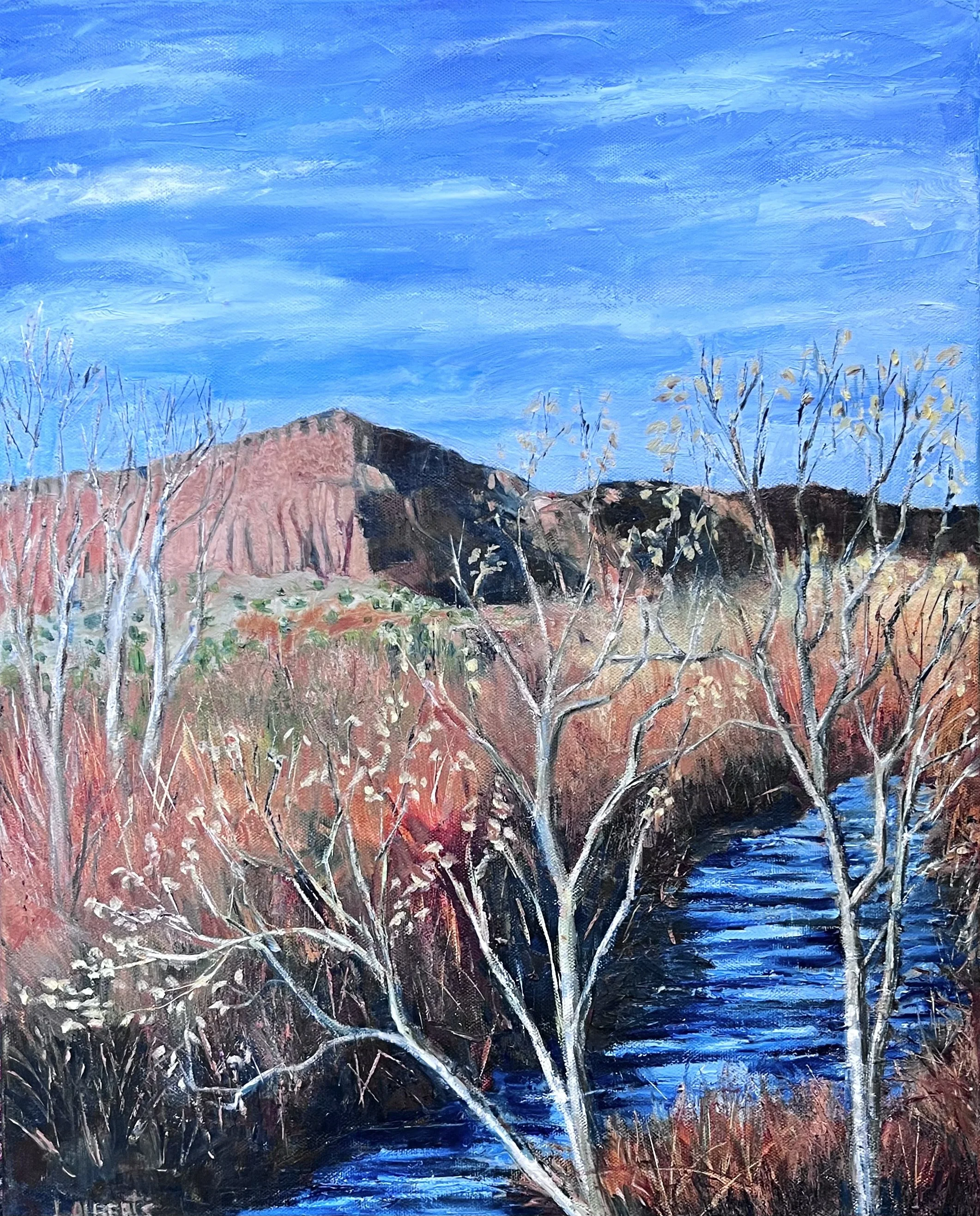 Guadalupe Mesa and Bosque, oil, 20" x 16" * NOTE: CLICK ON PAINTING TO SEE FULL VERTICAL IMAGE
*