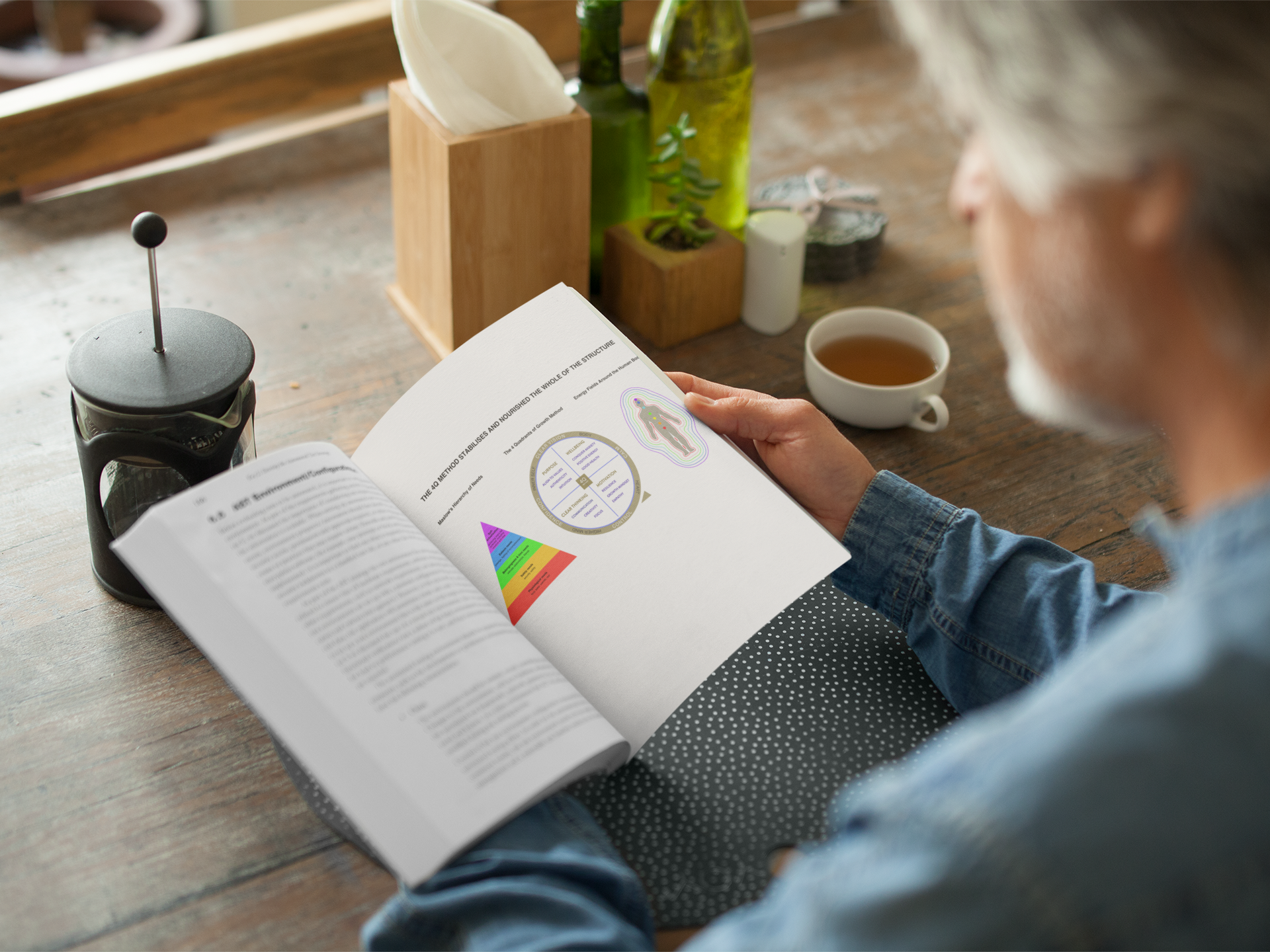 Person reading an open book at a wooden table with coffee and a French press