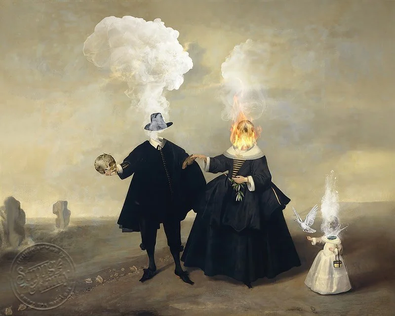 All Storms Now Laid is a digital collage based on Anne Bradstreet&rsquo;s 17th century poem: The Four Elements, and created using multiple historical images:

Portrait of a Married Couple with Child; Members of the Beresteyn Family. Artist unknown. O
