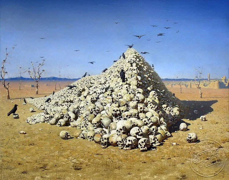 The Apotheosis of War (1871) is the work of Russian painter Vasily Vereshchagin, a war artist known for documenting the brutal realities of battle in unflinching detail. Painted after witnessing the devastation of the Central Asian campaigns, Vereshc