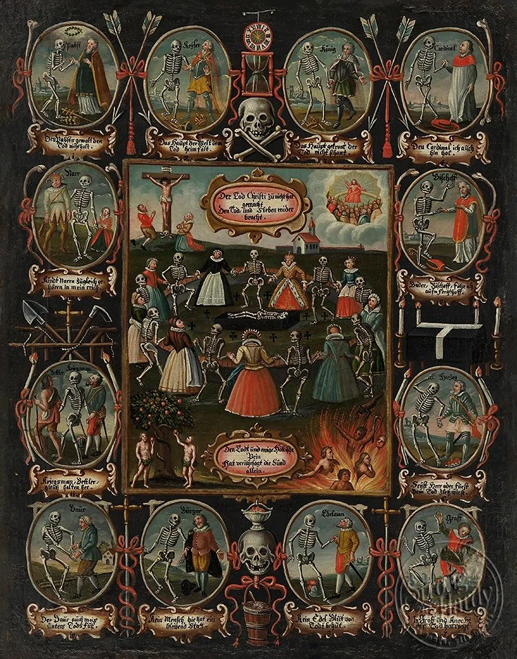 The Dance of Death originates in medieval plays and folk rituals performed on the Feast of the Holy Innocents (28 December), and in funeral sermons. In the most popular version, Death (in the form of a skeleton) dances in succession with people repre