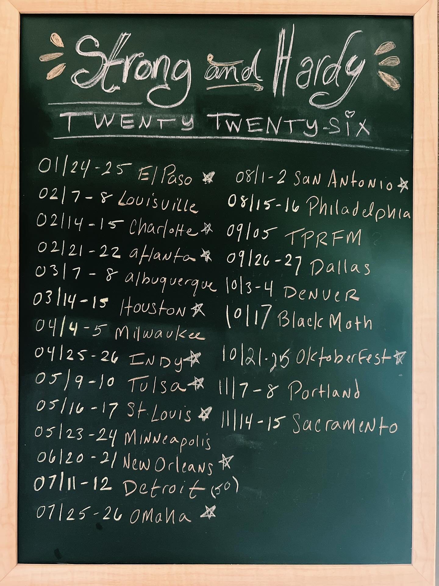I&rsquo;ve been meaning to share our 2026 schedule here for quite a damn while but just haven&rsquo;t had the time to create the post for it, and then today I was like, what the fuck&mdash;I&rsquo;ll just take a picture of our damn chalkboard and pos