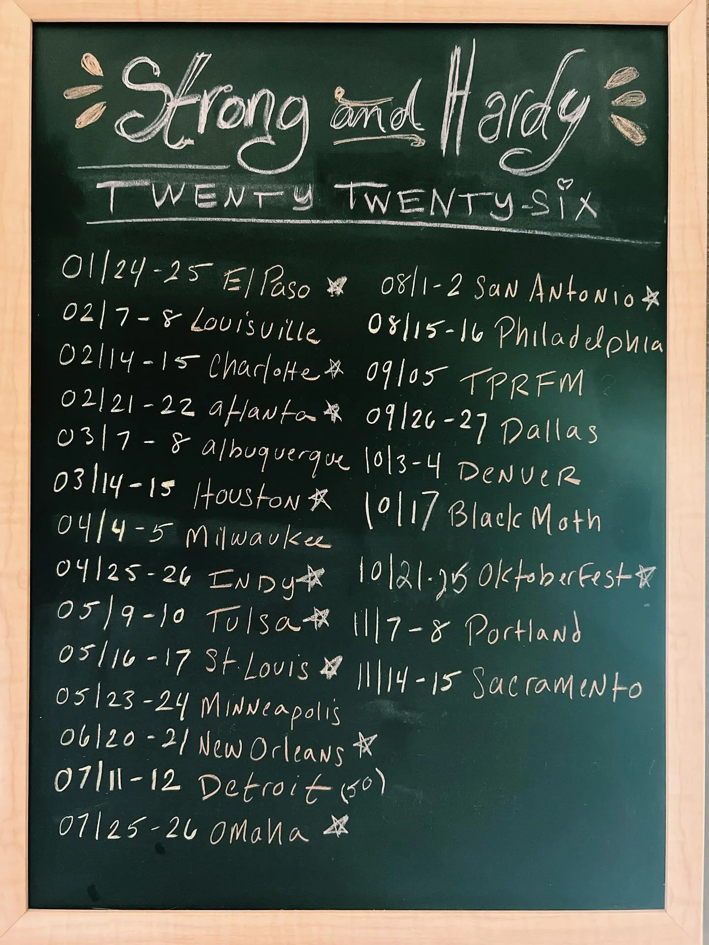 I&rsquo;ve been meaning to share our 2026 schedule here for quite a damn while but just haven&rsquo;t had the time to create the post for it, and then today I was like, what the fuck&mdash;I&rsquo;ll just take a picture of our damn chalkboard and pos