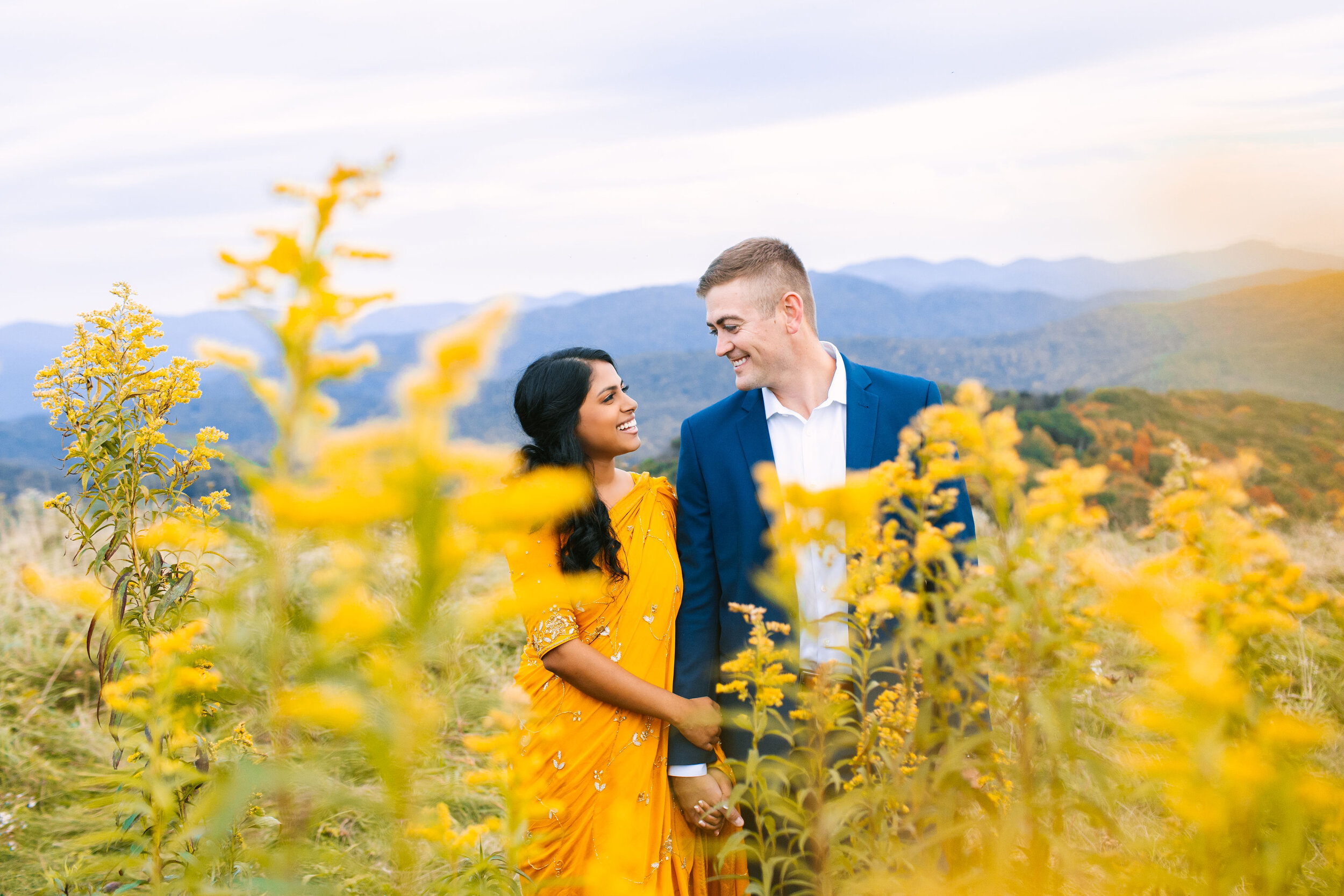 Max Patch Fall Couple Engagement Photos |  Woman wearing yellow indian saree