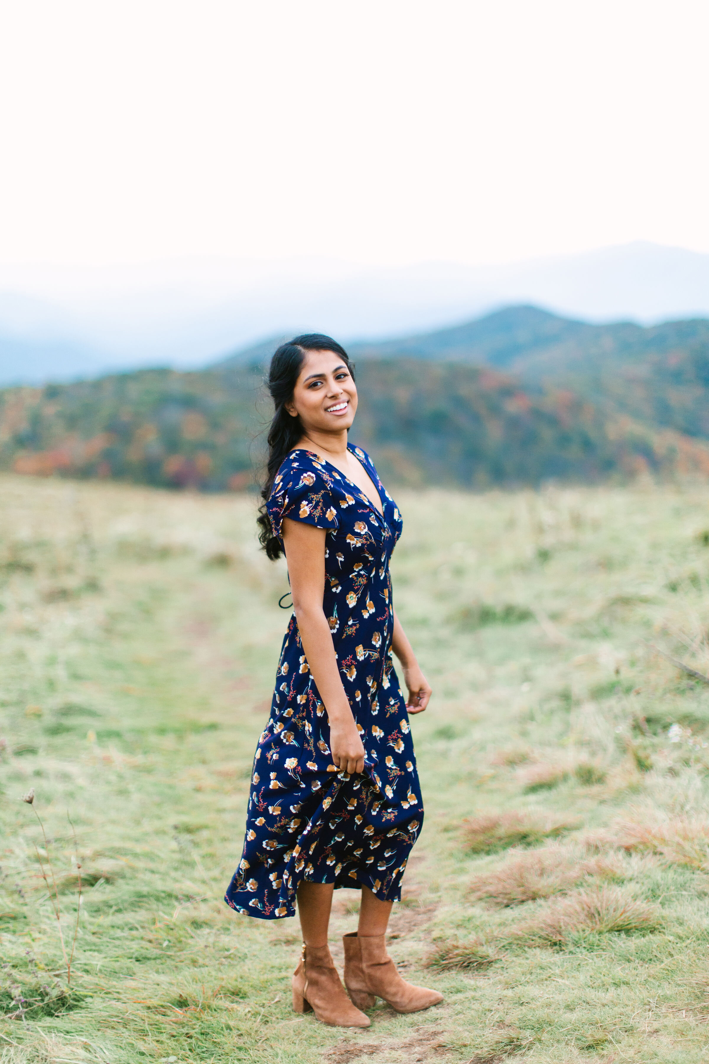 Max Patch Fall Couple Engagement Photos |  Beautiful indian woman in dress on mountaintop