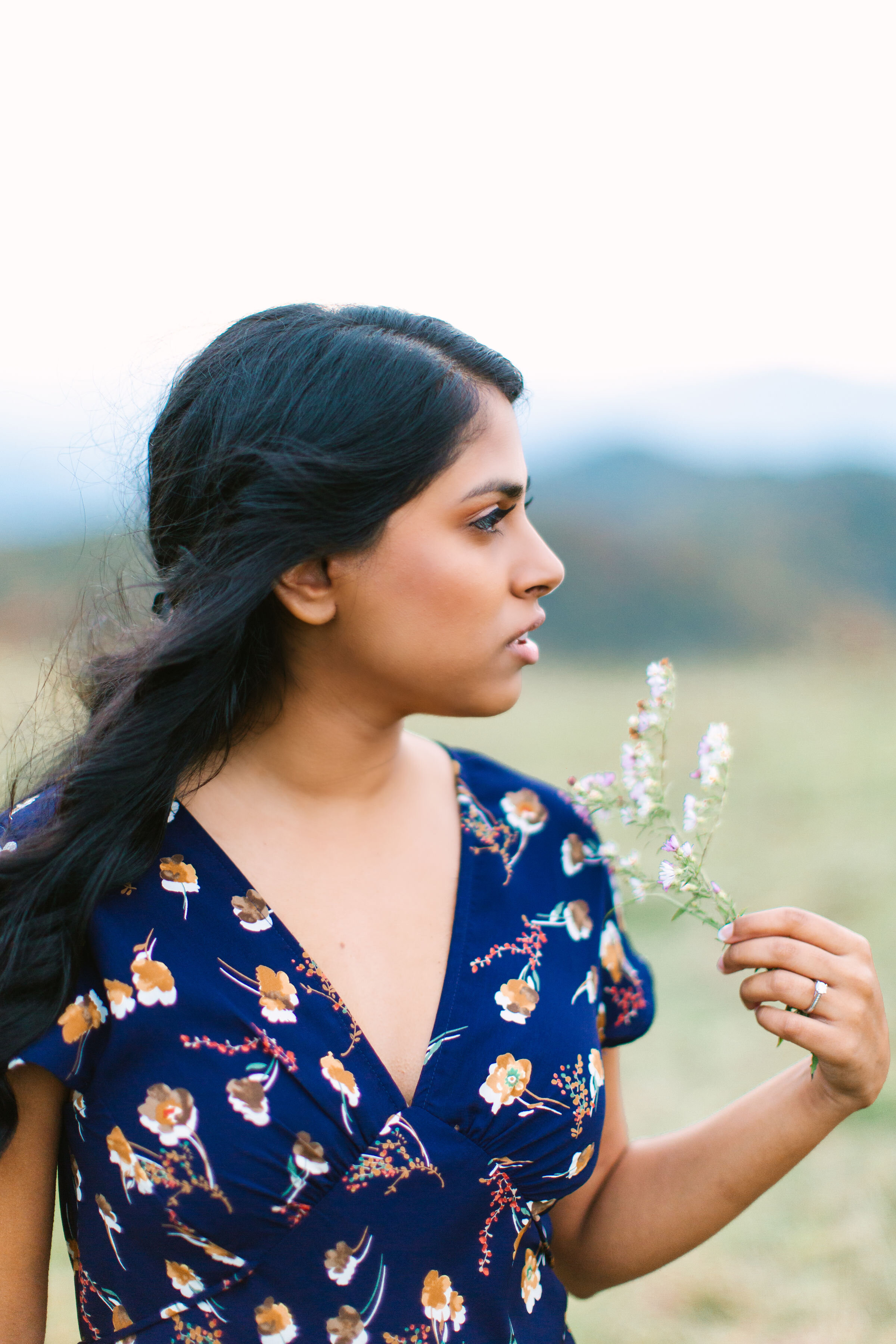 Max Patch Fall Couple Engagement Photos |  Beautiful indian woman in dress on mountaintop
