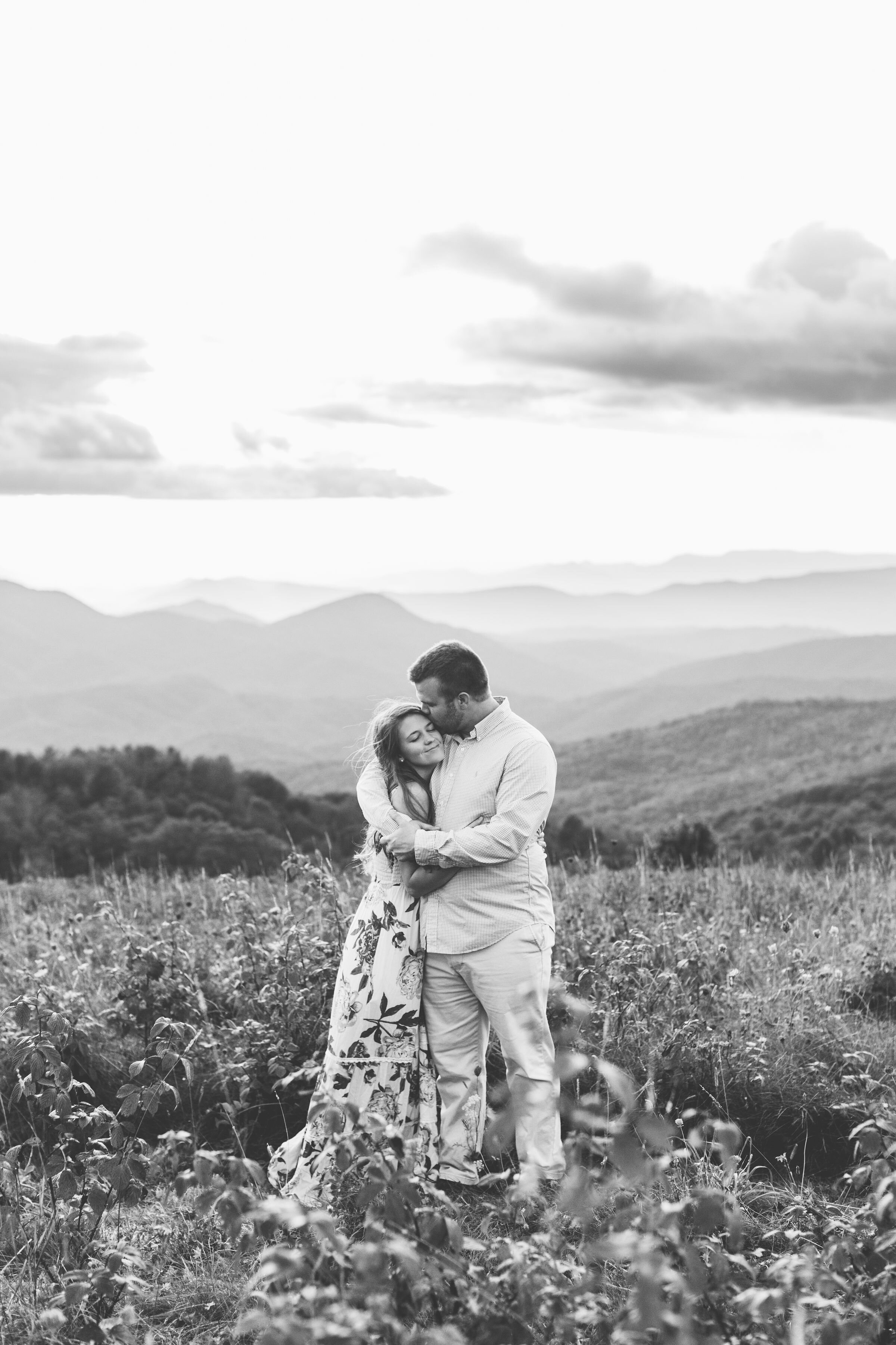 Max Patch Summer Engagement Photos on the Flower-covered Mountaintop | black and white image