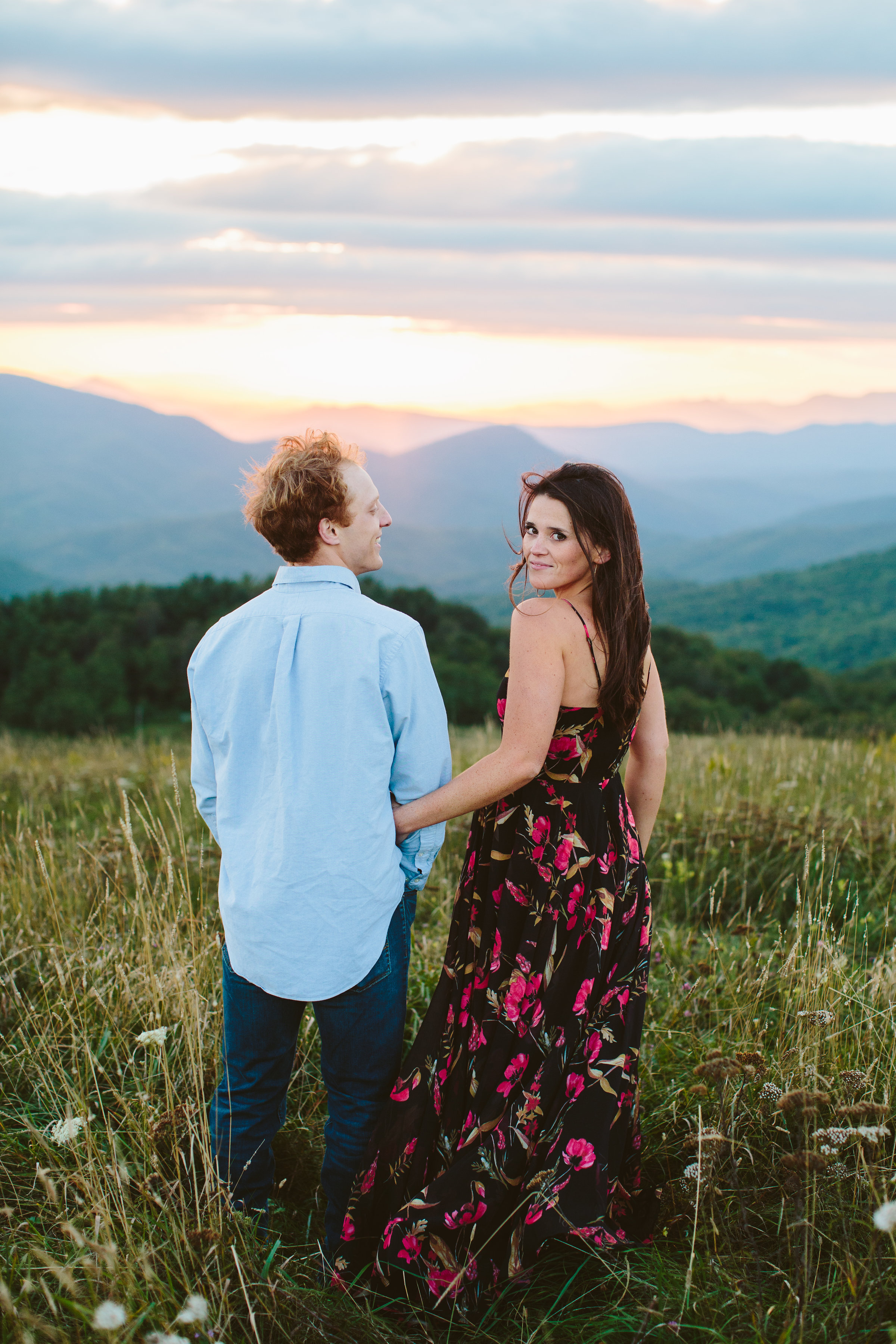 Max Patch Summer Engagement Photos on the Mountain at Sunset