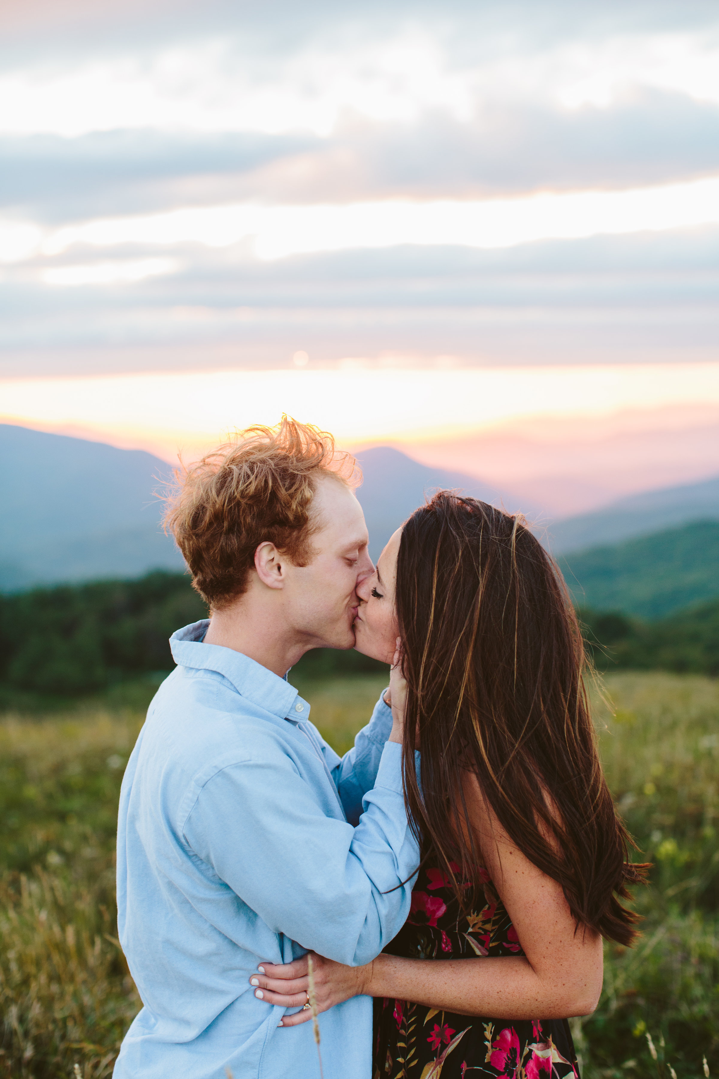 Max Patch Summer Engagement Photos on the Mountain at Sunset couple kissing