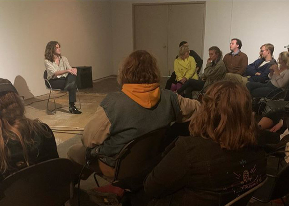 Artist Nick May and audience discussing May's screening Oct. 2019