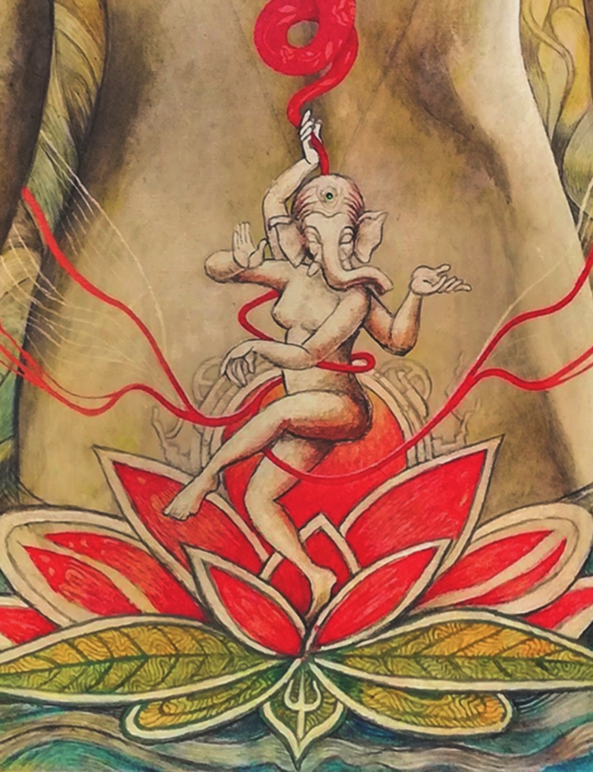 She who opens the way&hellip; 
dancing.

Resurging from the red lotus, 
where the earth births her again, 
inviting her to flourish&hellip; 

Dancing like a serpent, 
rising from the ground once more, 
to blossom in the deep waters, 

igniting the re