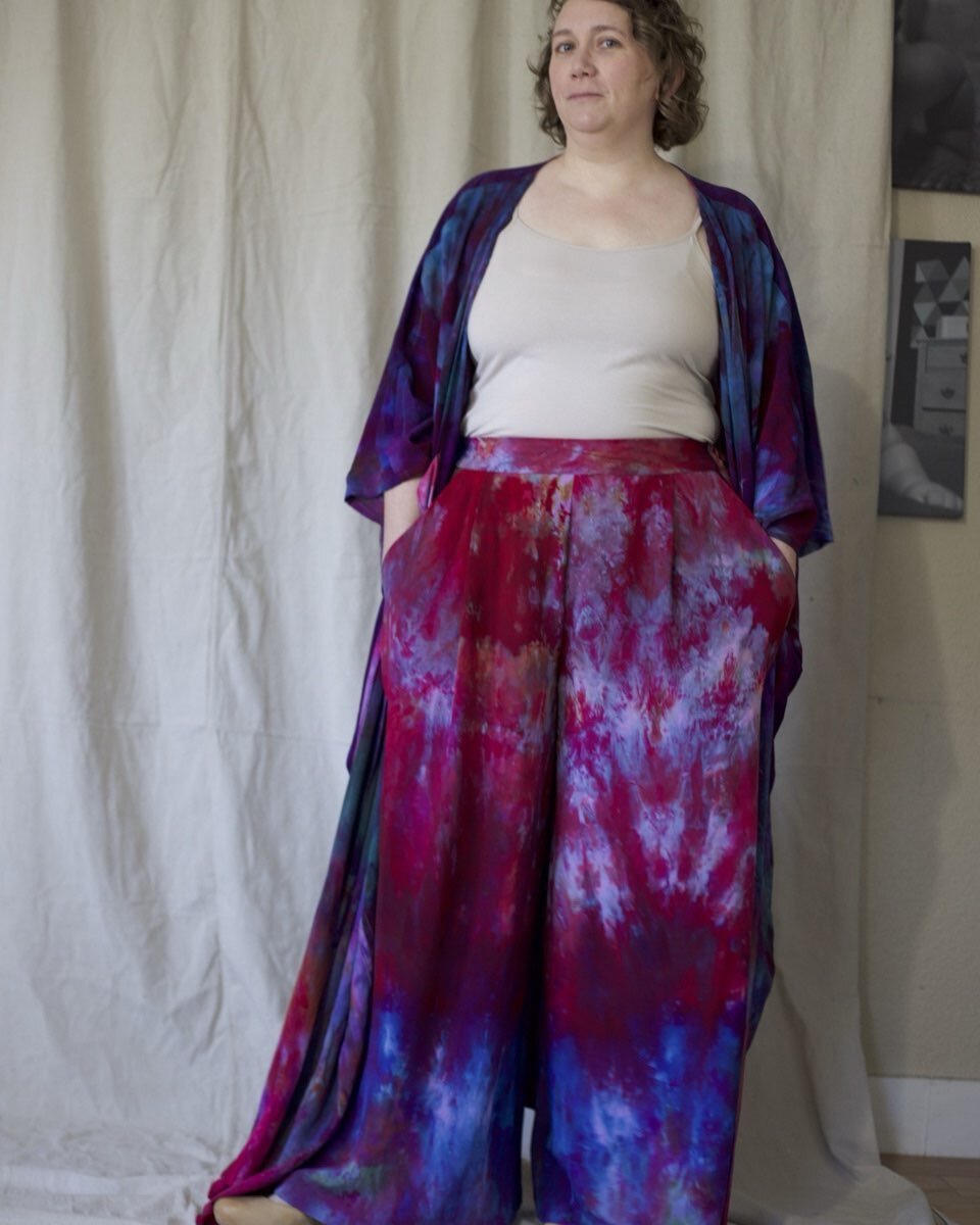 Now you can get Saturday pleat pants in soft flowy rayon from bamboo. In all the classic colors, or rainbow dyed to match your #WednesdayWrap #AddieLore #SlowFashion #TieDye